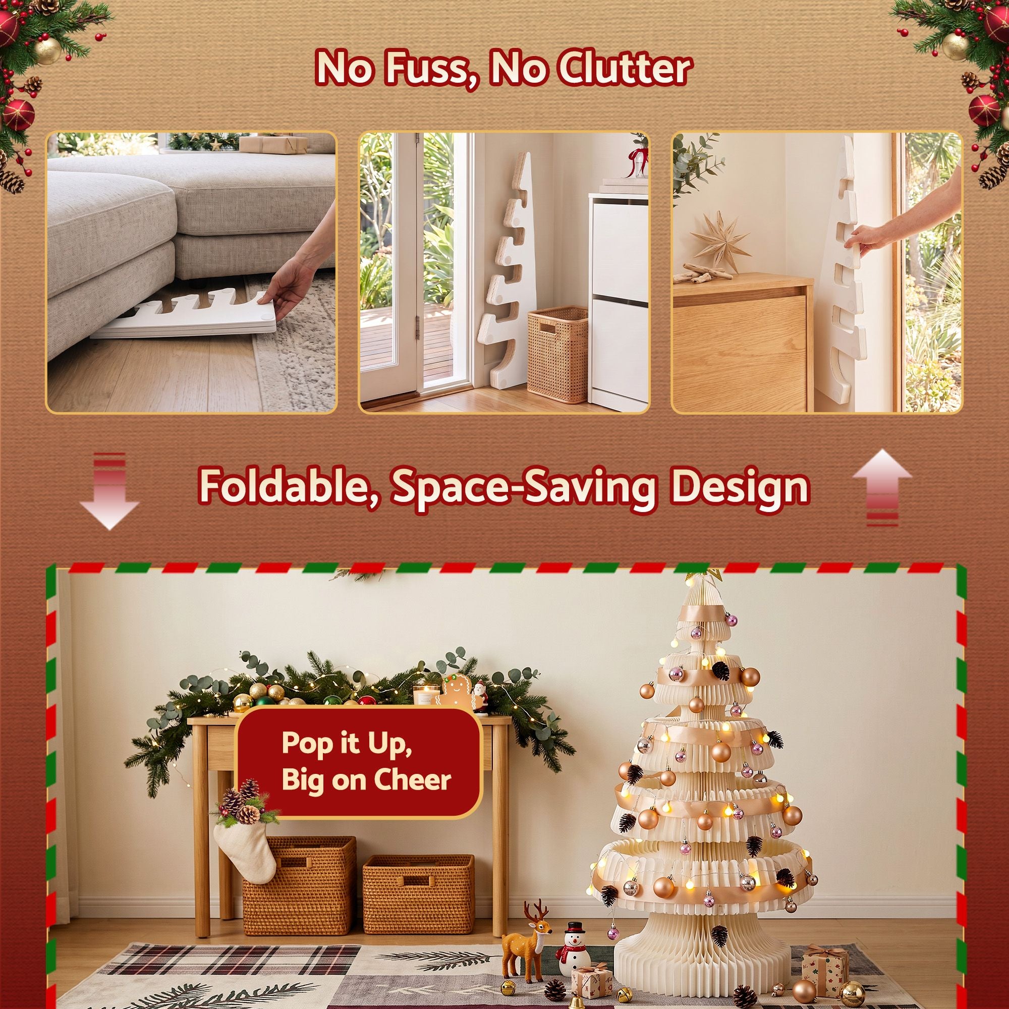 Paper Christmas Tree 114CM w/ Star Topper LEDs Xmas Decorations Kit Home Office White