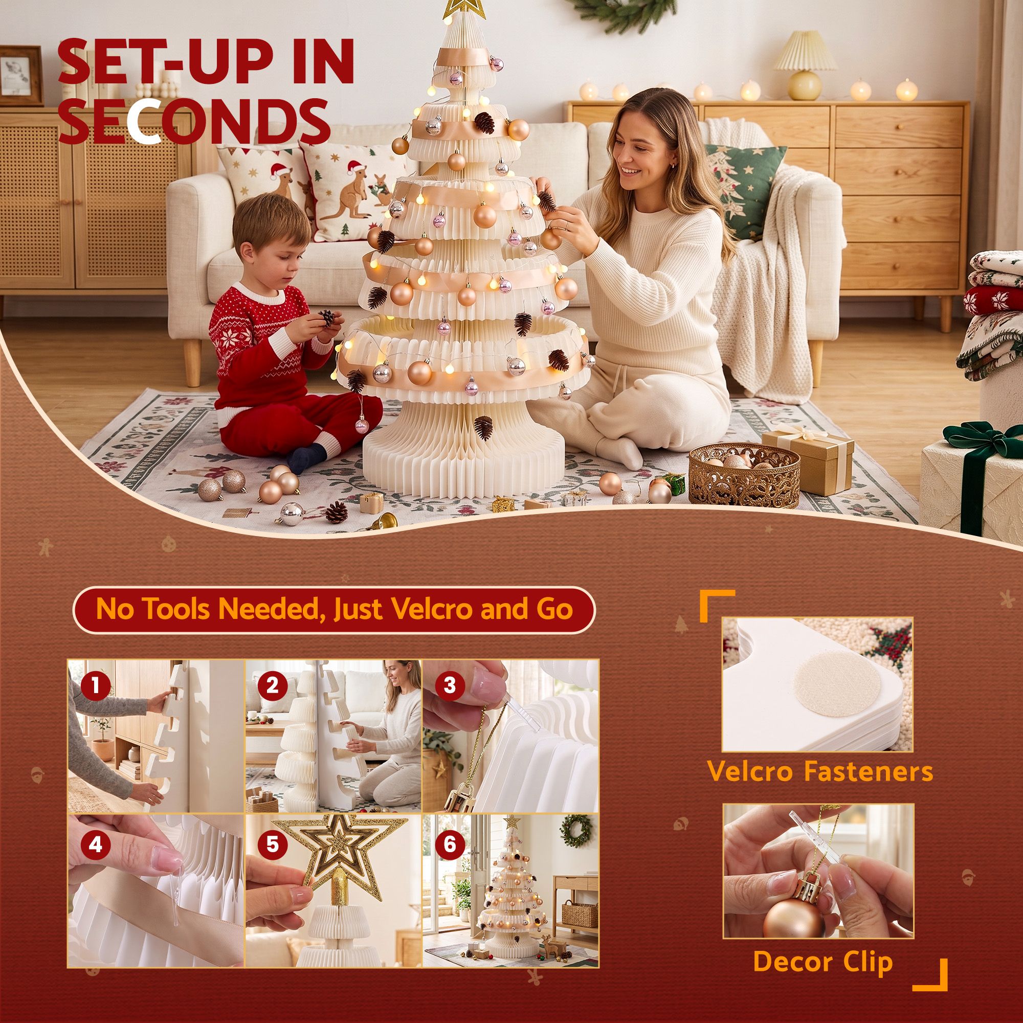 Paper Christmas Tree 114CM w/ Star Topper LEDs Xmas Decorations Kit Home Office White