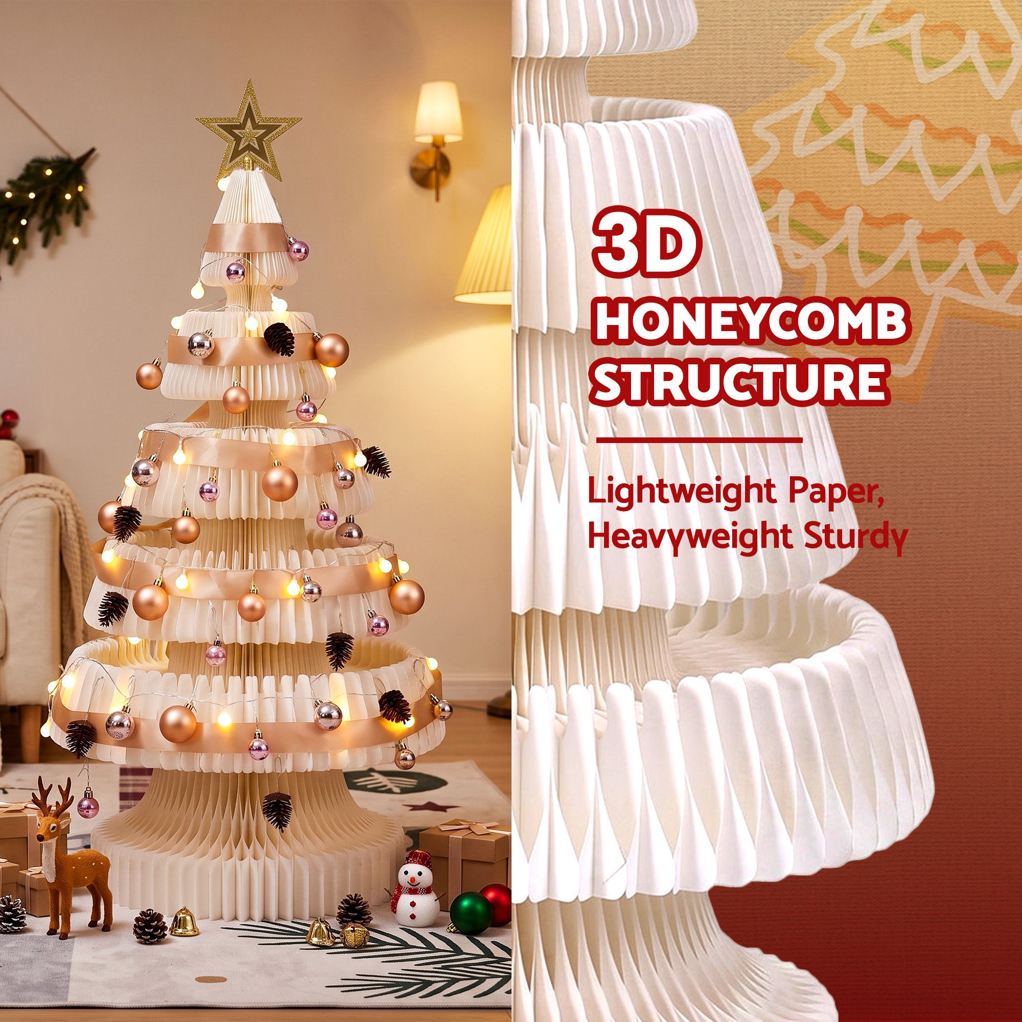 Paper Christmas Tree 114CM w/ Star Topper LEDs Xmas Decorations Kit Home Office White