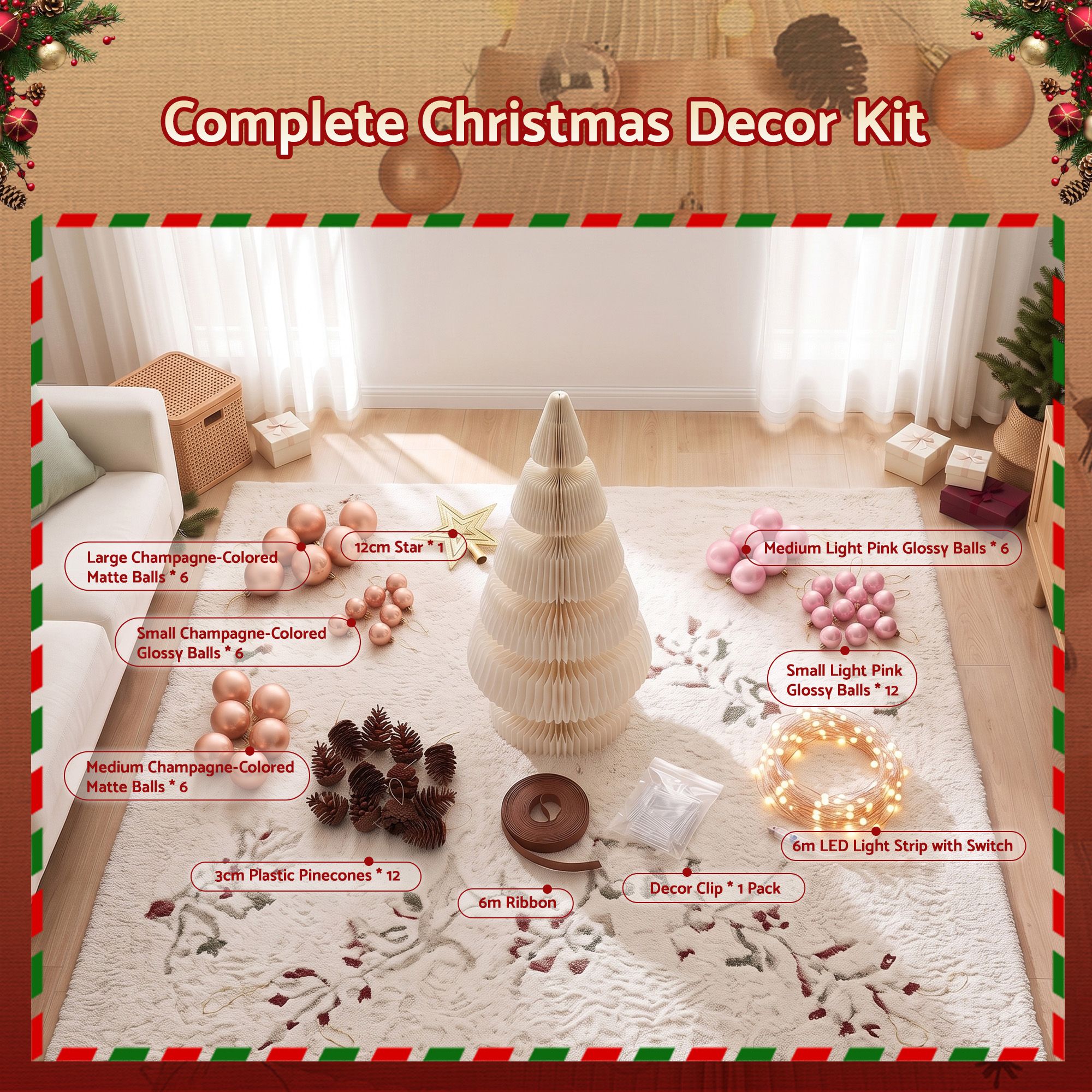 Paper Christmas Tree 114CM w/ Star Topper LEDs Xmas Decorations Kit Home Office White