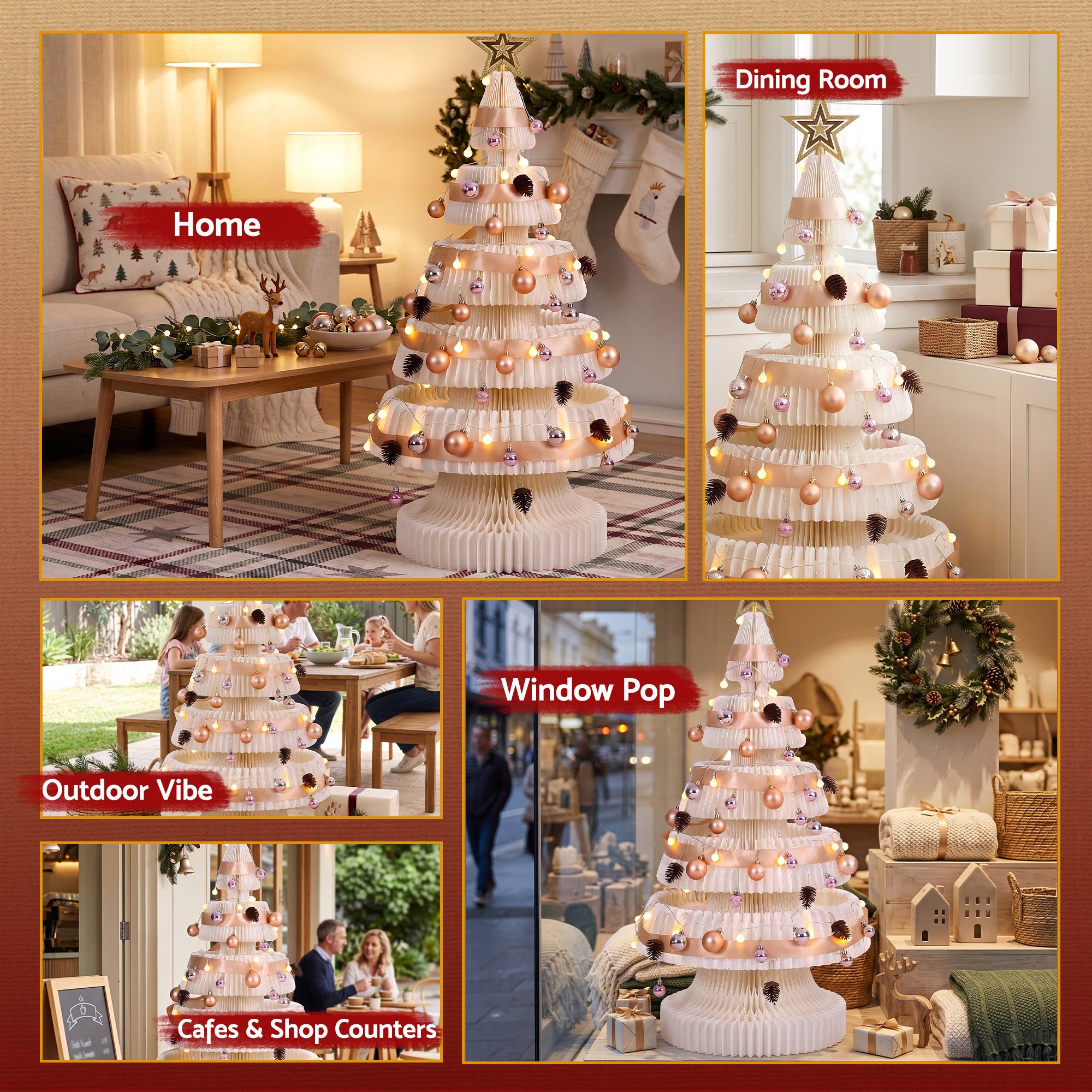 Paper Christmas Tree 114CM w/ Star Topper LEDs Xmas Decorations Kit Home Office White