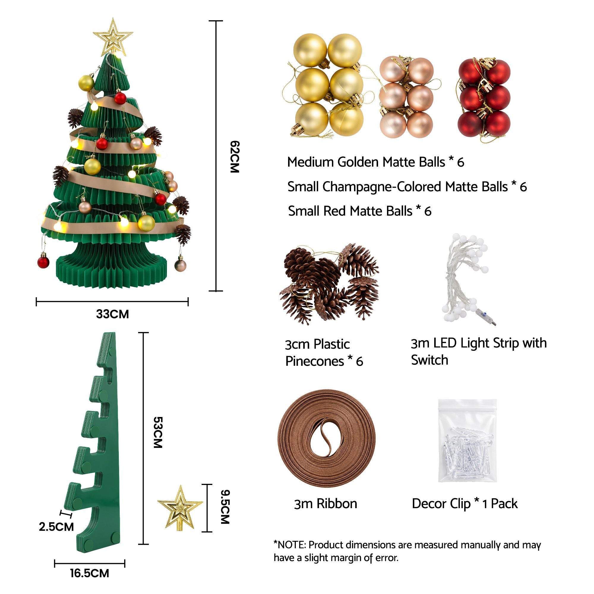Paper Christmas Tree 62CM w/ Star Topper LEDs Xmas Decorations Kit Home Office Green