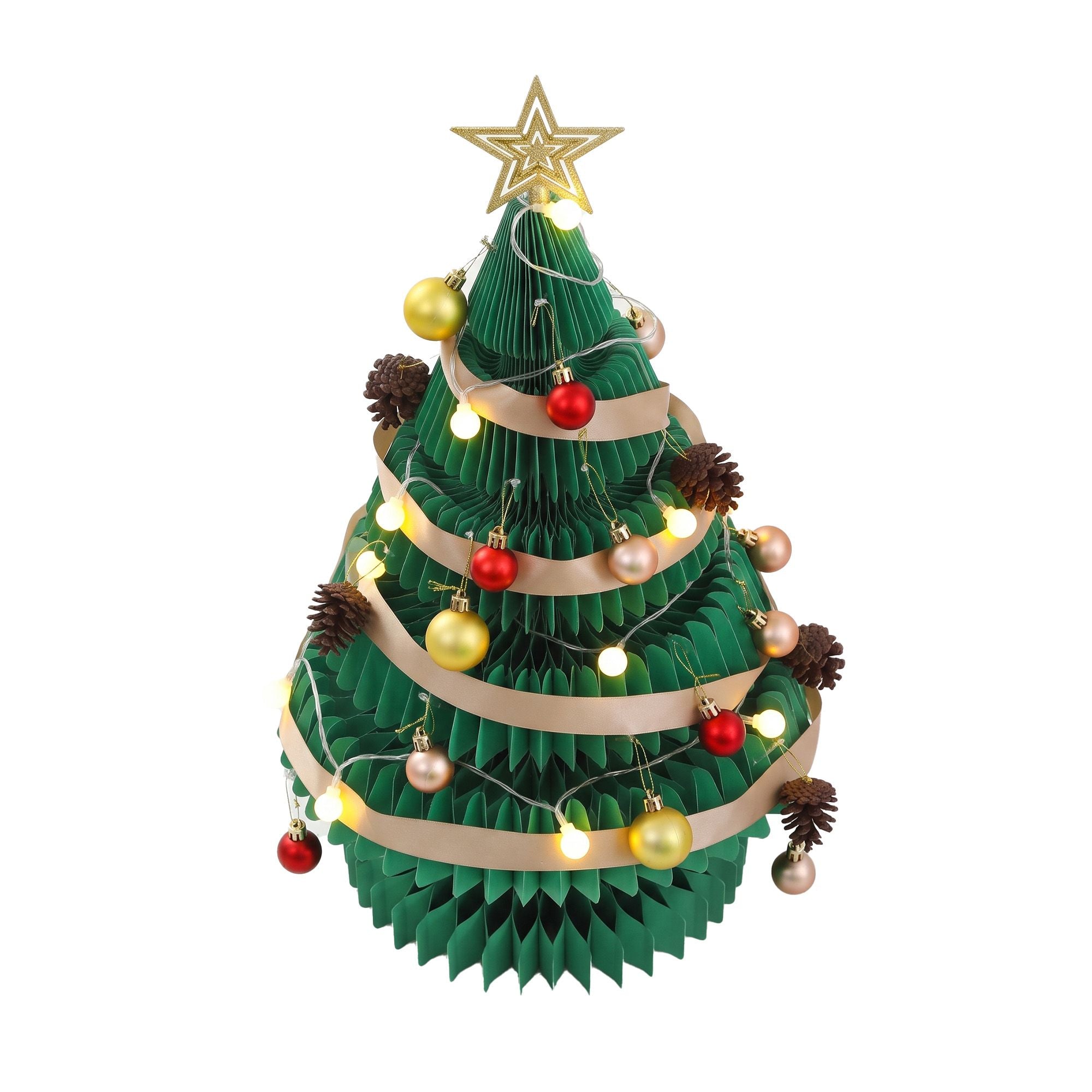Paper Christmas Tree 62CM w/ Star Topper LEDs Xmas Decorations Kit Home Office Green