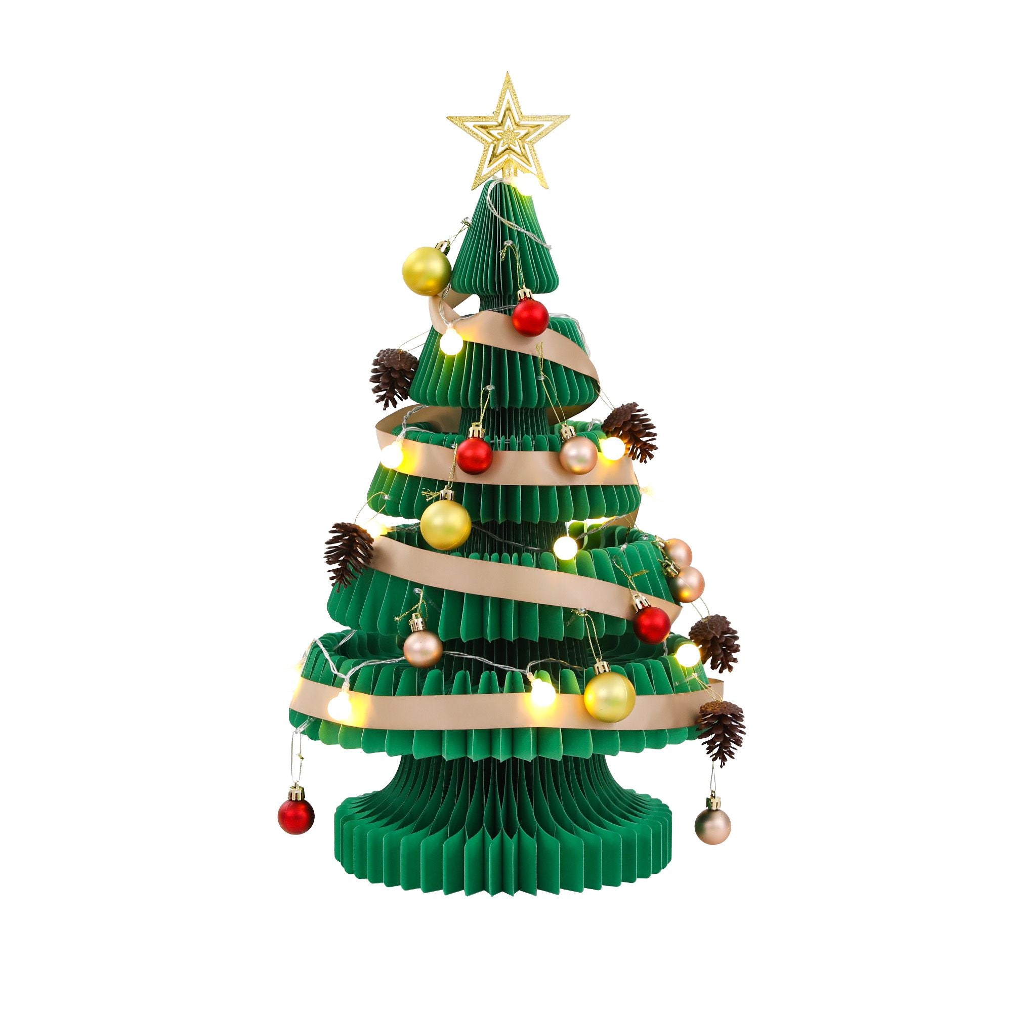 Paper Christmas Tree 62CM w/ Star Topper LEDs Xmas Decorations Kit Home Office Green