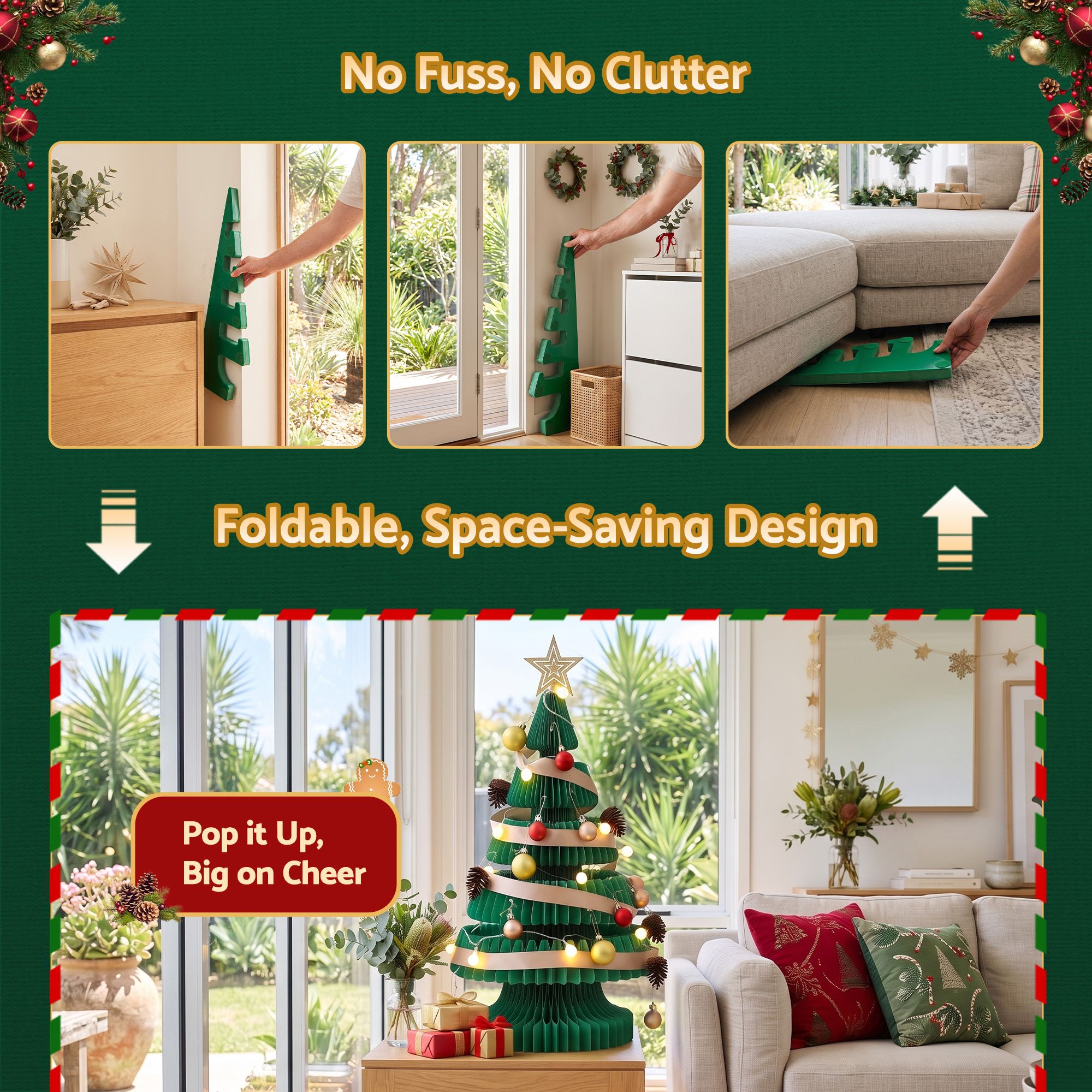 Paper Christmas Tree 62CM w/ Star Topper LEDs Xmas Decorations Kit Home Office Green