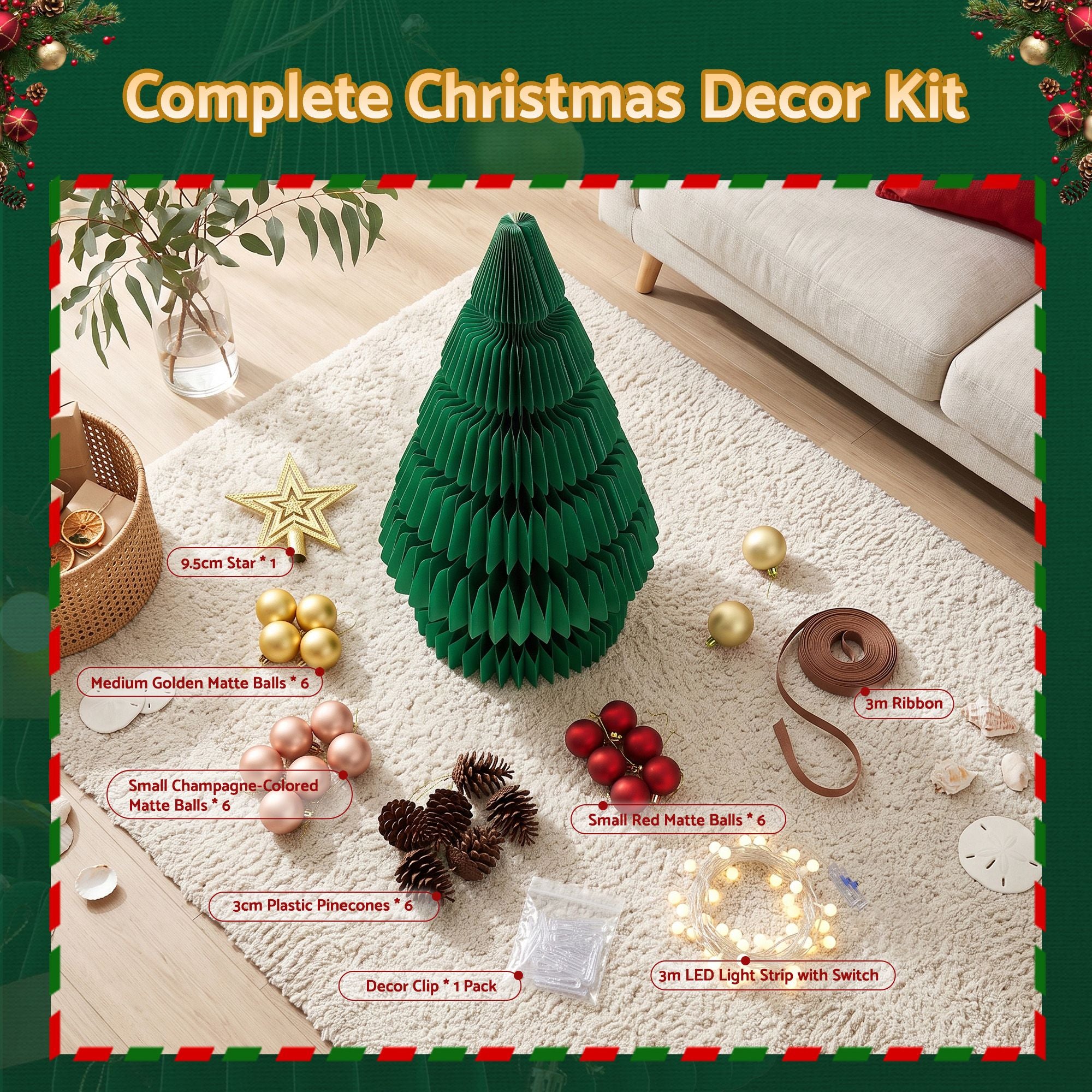 Paper Christmas Tree 62CM w/ Star Topper LEDs Xmas Decorations Kit Home Office Green