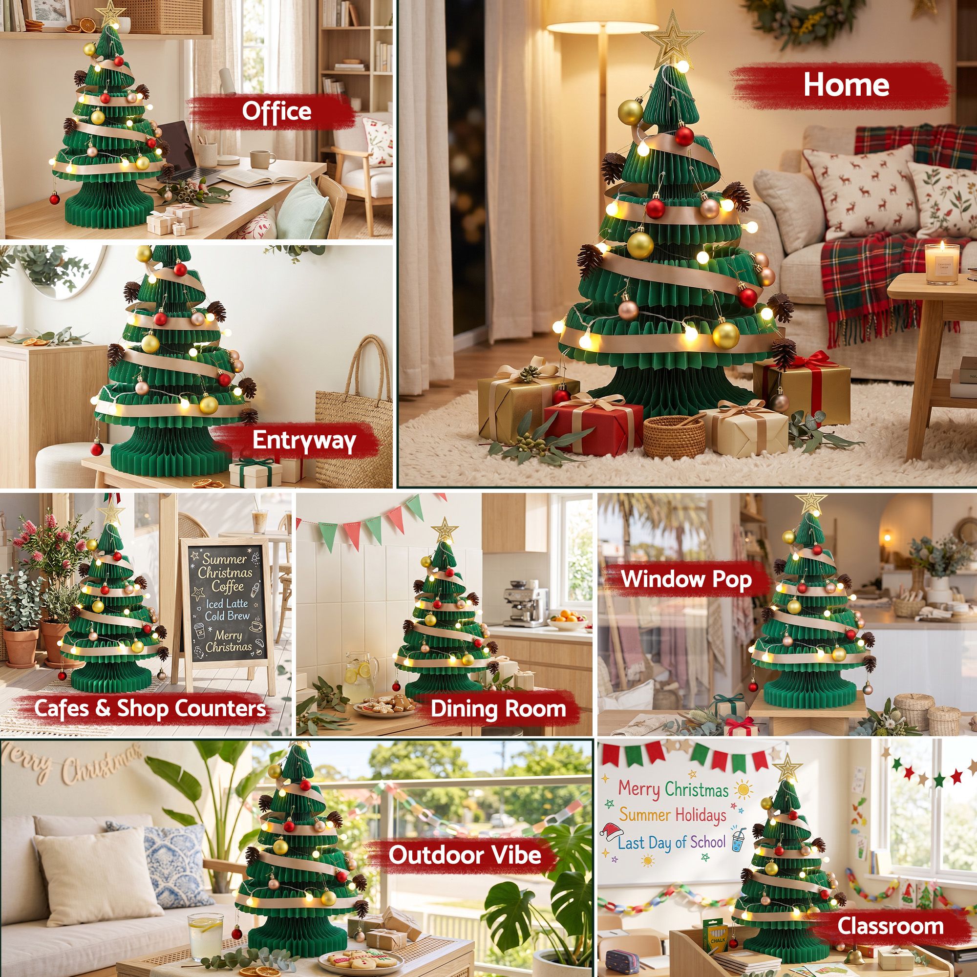 Paper Christmas Tree 62CM w/ Star Topper LEDs Xmas Decorations Kit Home Office Green