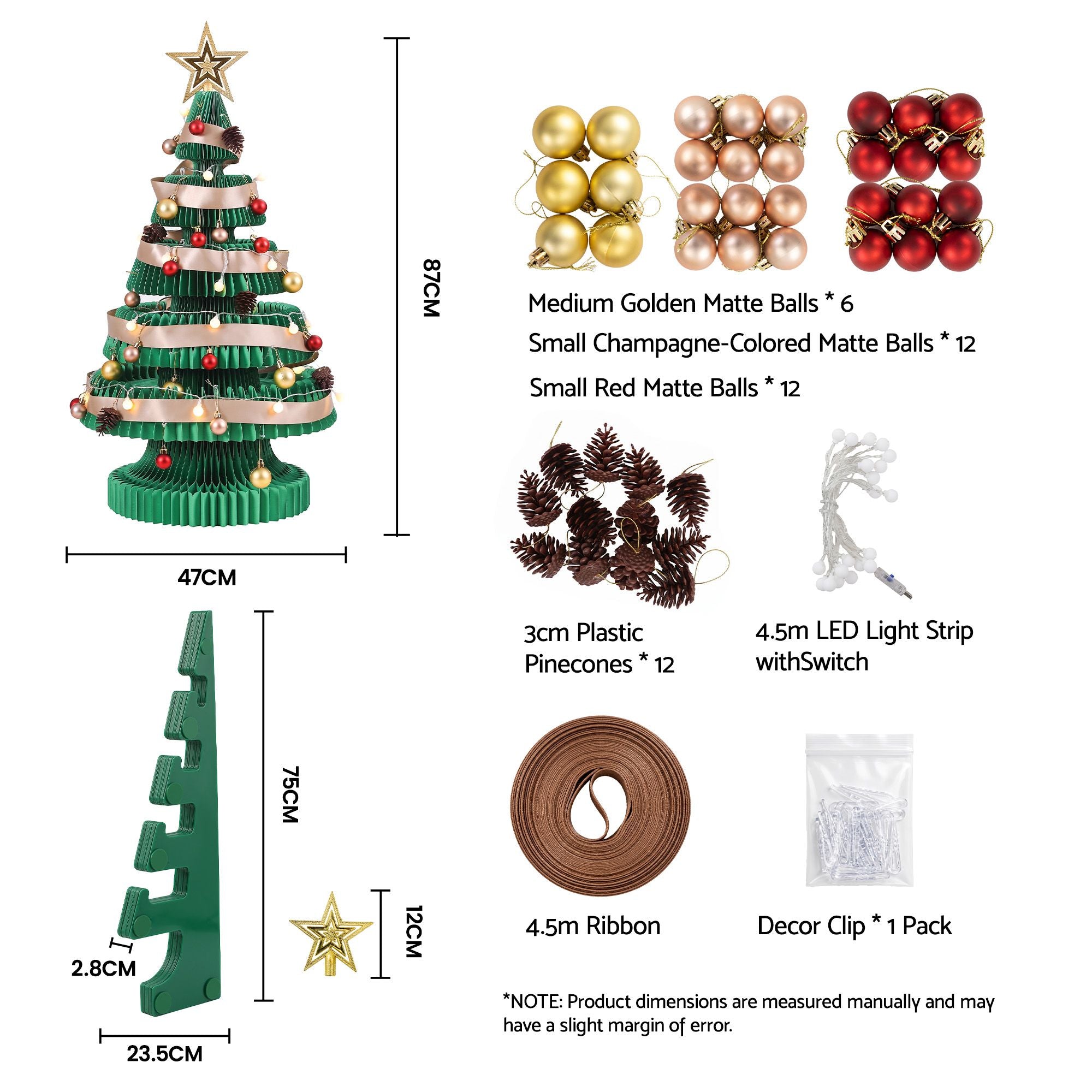 Paper Christmas Tree 87CM w/ Star Topper LEDs Xmas Decorations Kit Home Office Green