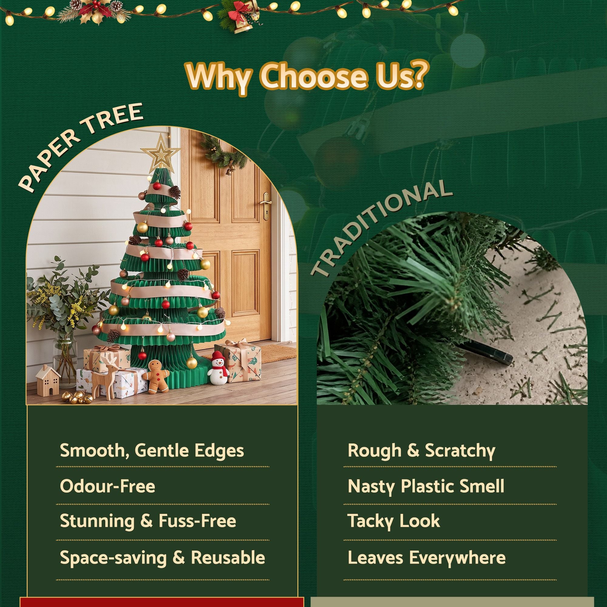 Paper Christmas Tree 87CM w/ Star Topper LEDs Xmas Decorations Kit Home Office Green