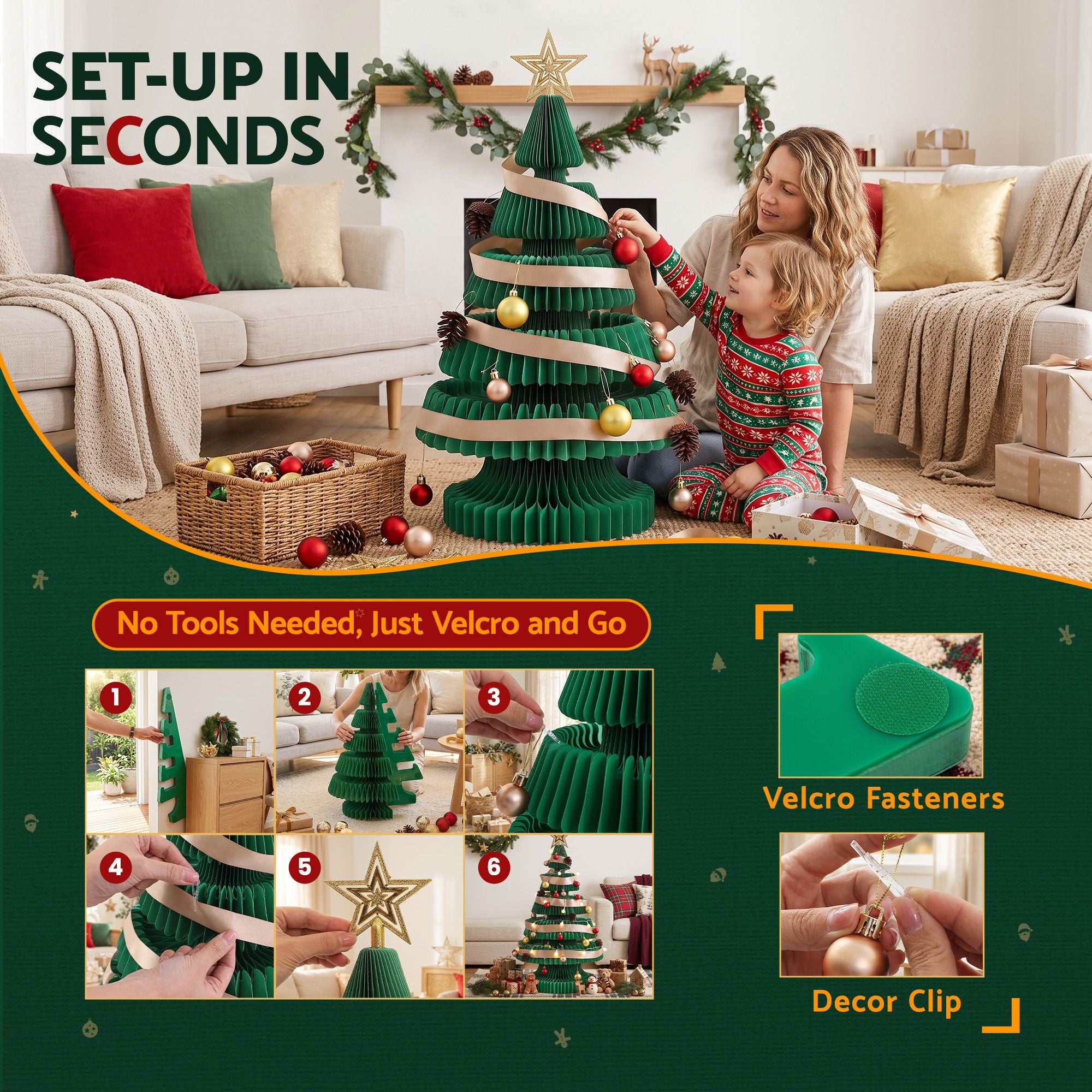 Paper Christmas Tree 87CM w/ Star Topper LEDs Xmas Decorations Kit Home Office Green