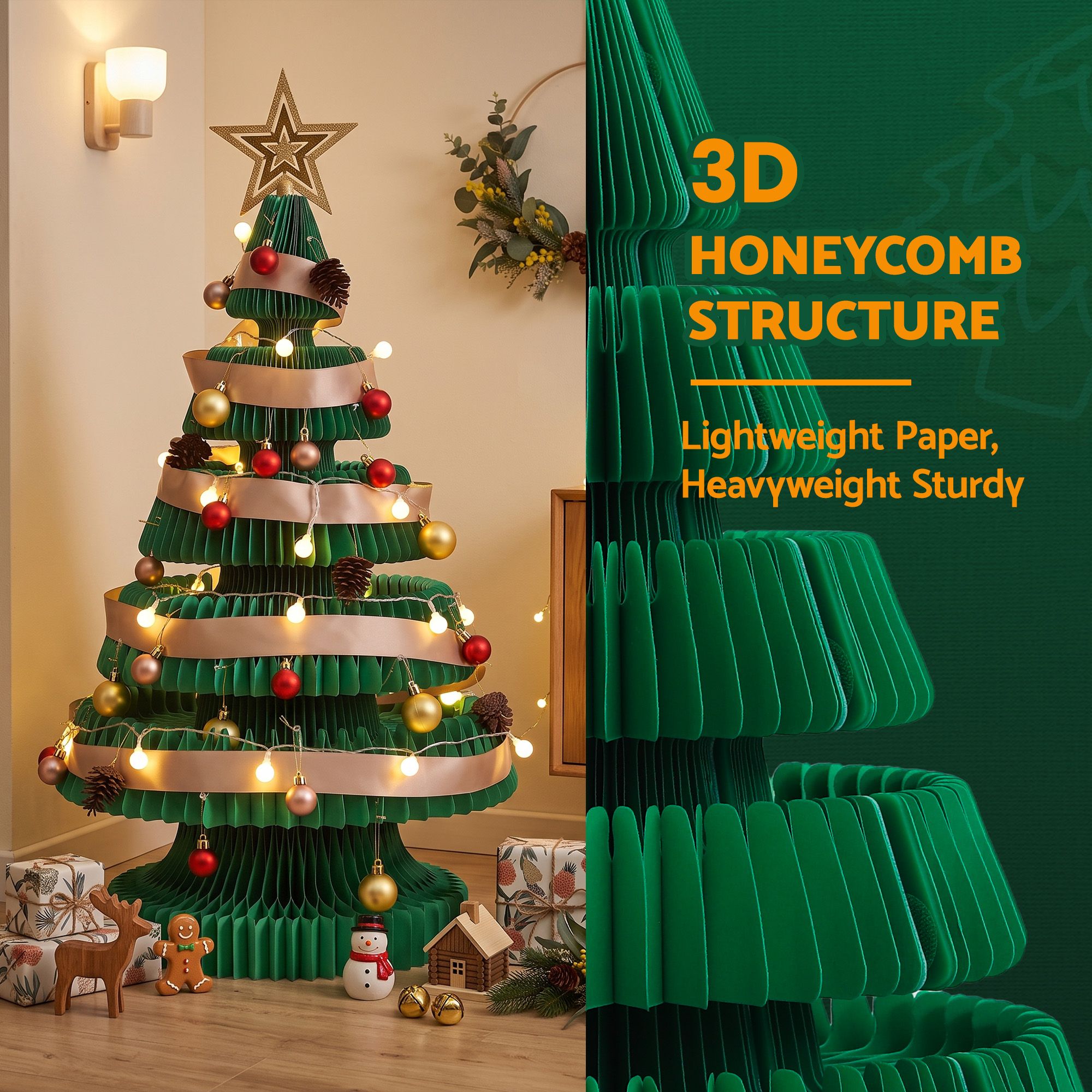 Paper Christmas Tree 87CM w/ Star Topper LEDs Xmas Decorations Kit Home Office Green