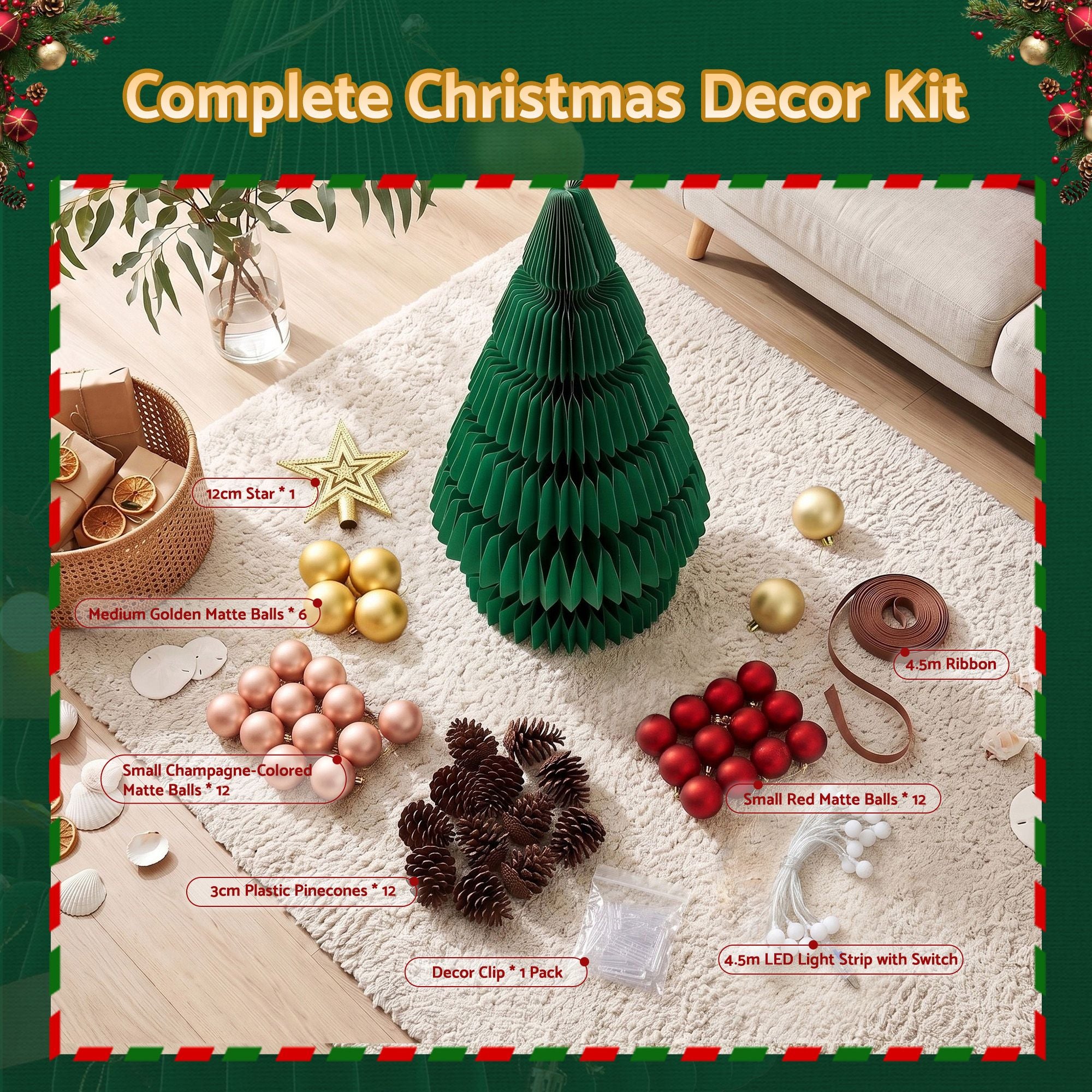 Paper Christmas Tree 87CM w/ Star Topper LEDs Xmas Decorations Kit Home Office Green