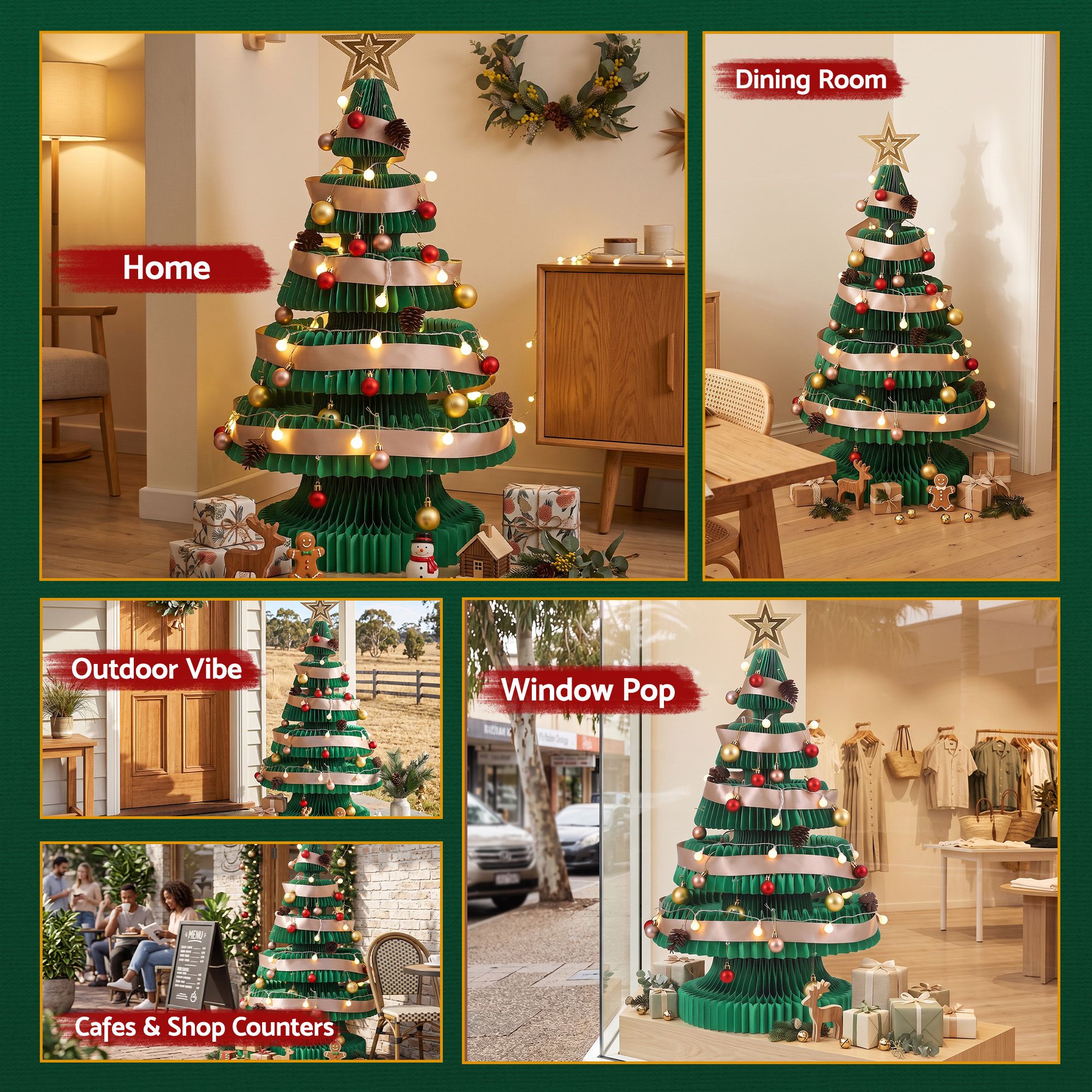 Paper Christmas Tree 87CM w/ Star Topper LEDs Xmas Decorations Kit Home Office Green