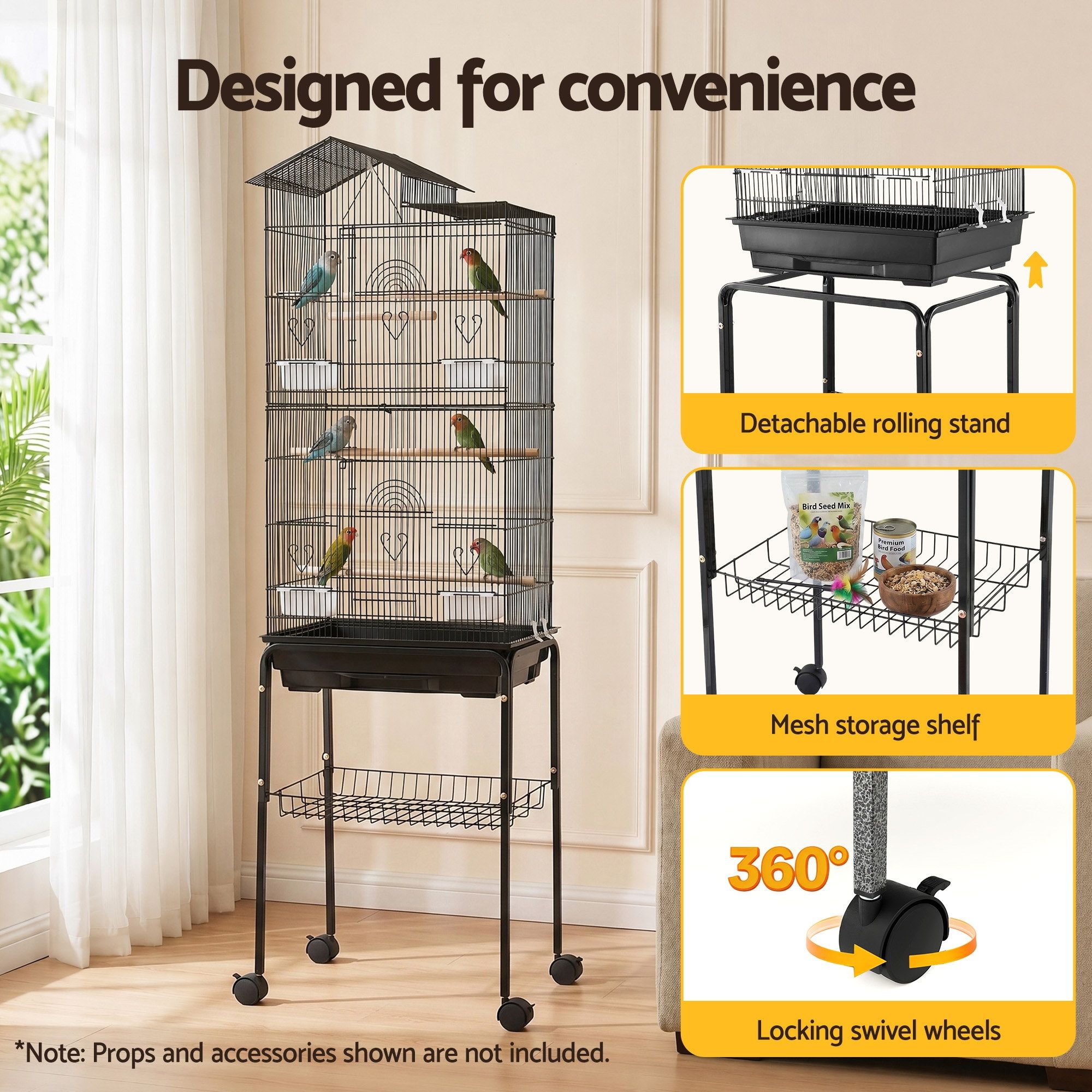 158cm Bird Cage Aviary Parrot Budgie Stand with Wheels - Black