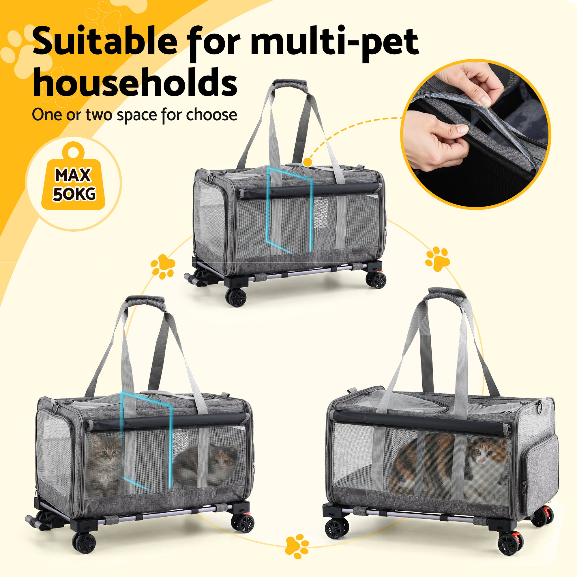 Pet Carrier Swivel Wheels Foldable Cat Dog Trolley Stroller Travel Bag Grey