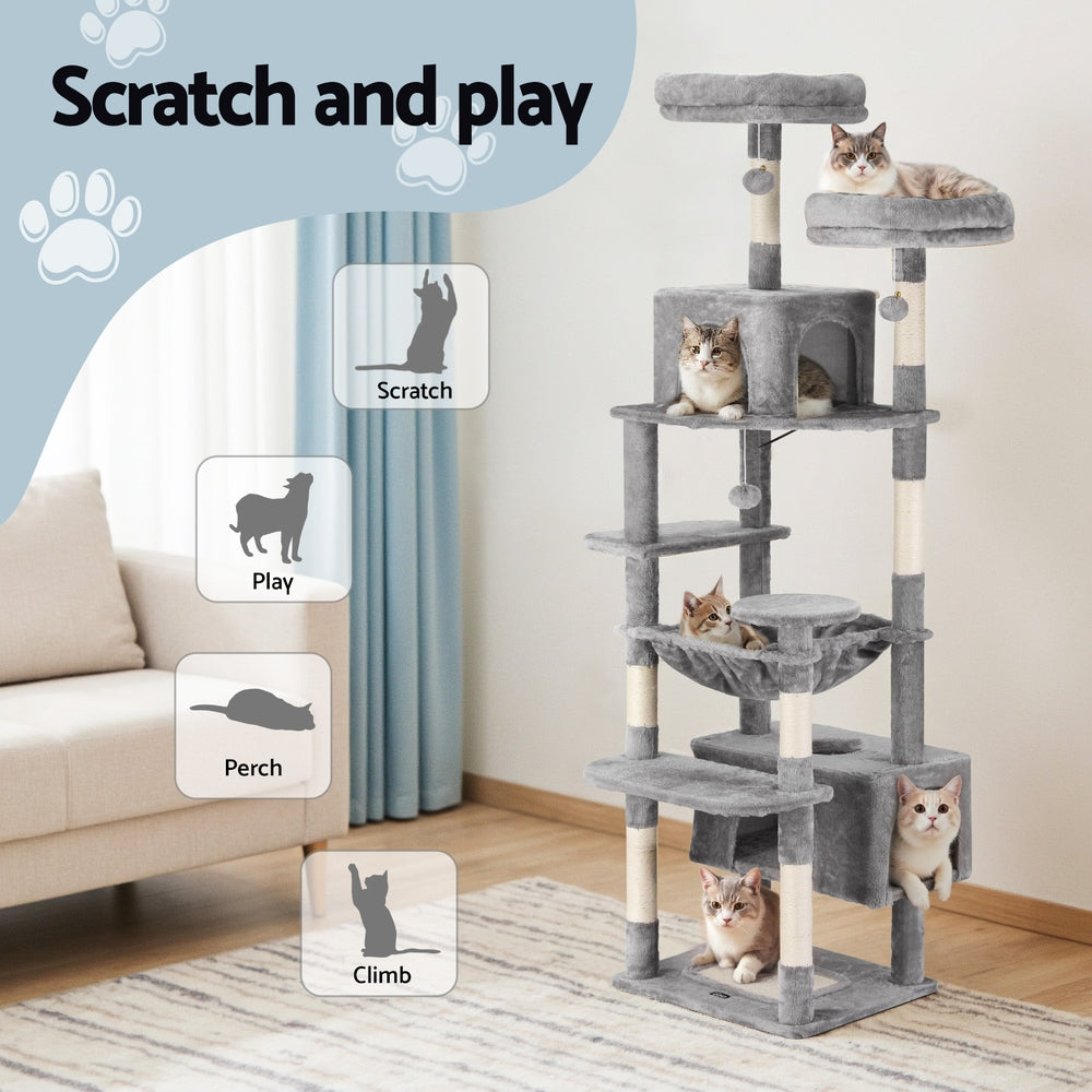 184cm Cat Tree Tower with Scratching Posts and Condo House - Light Grey