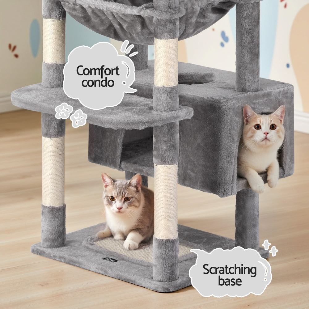 184cm Cat Tree Tower with Scratching Posts and Condo House - Light Grey