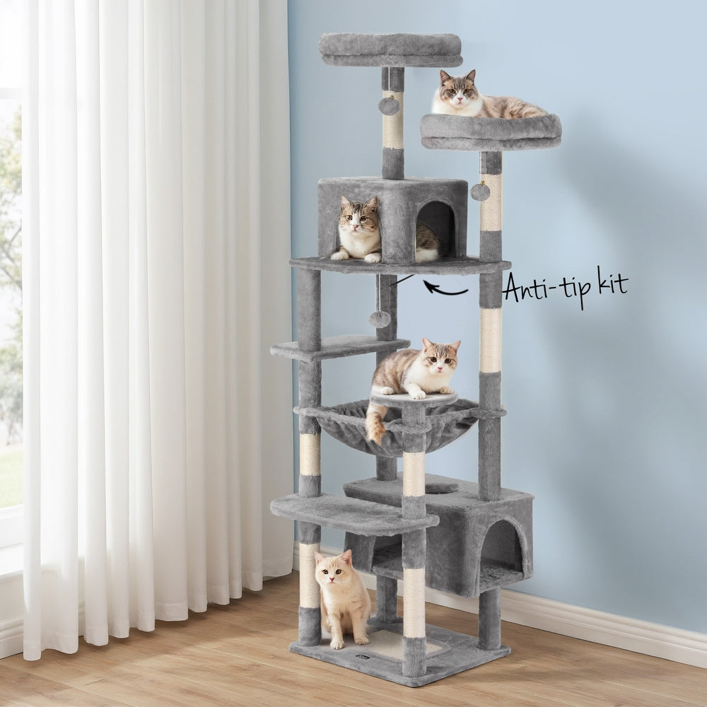 184cm Cat Tree Tower with Scratching Posts and Condo House - Light Grey