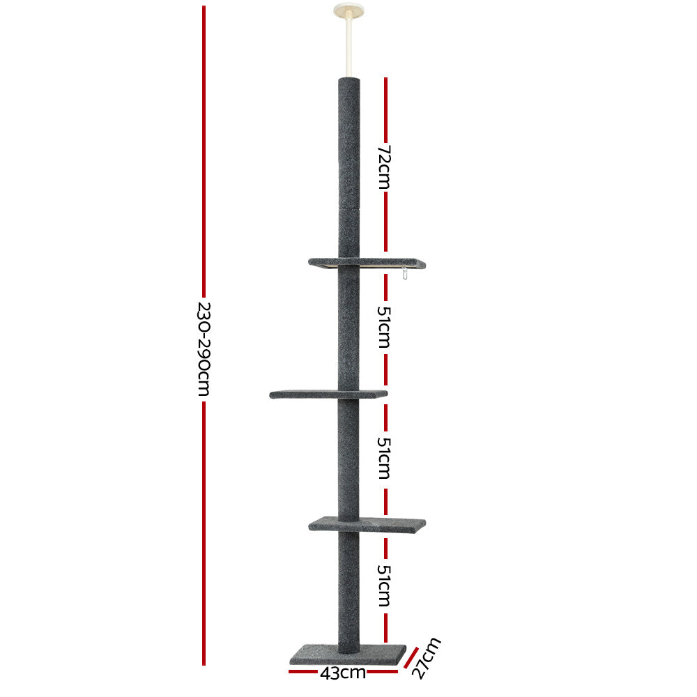 290cm Floor-to-Ceiling Cat Tree Tower with Scratching Posts and Beds - Grey
