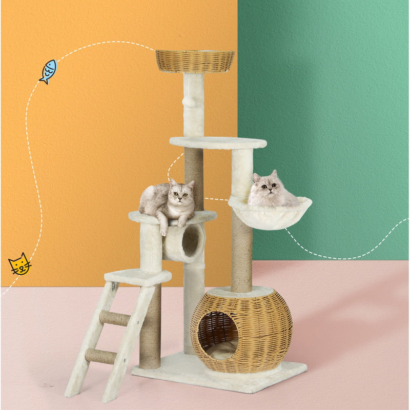 Cat Tree Tower Scratching Post Wood Bed Condo House Rattan Ladder 138cm