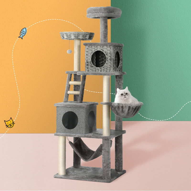 Cat Tree Tower Scratching Post Wood Bed Condo House Rattan Ladder 169cm