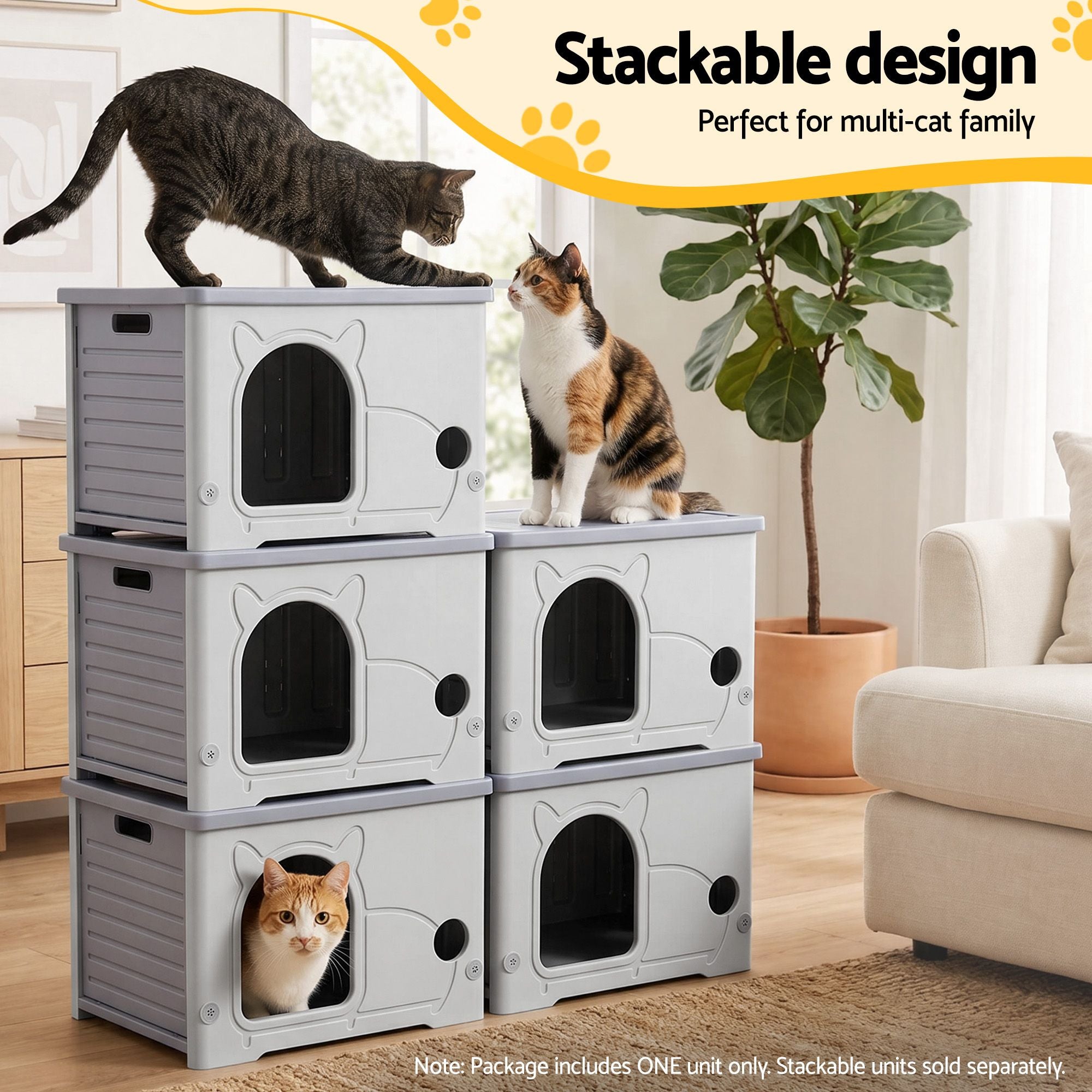Cat House Enclosed Shelter Stackable Plastic Nest Box 54x41x39cm - Grey