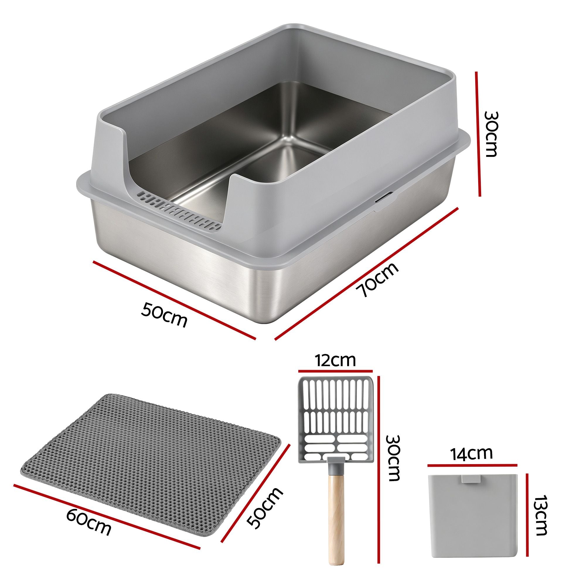 XXL Stainless Steel Jumbo Semi-Enclosed Cat Litter Box with Mat and Scoop - Grey