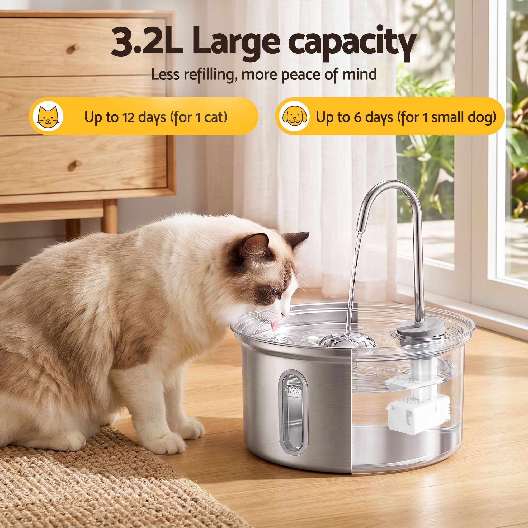 3.2L Cat Water Fountain Pet Feeder Dog Drinking Dispenser 304 Stainless Steel