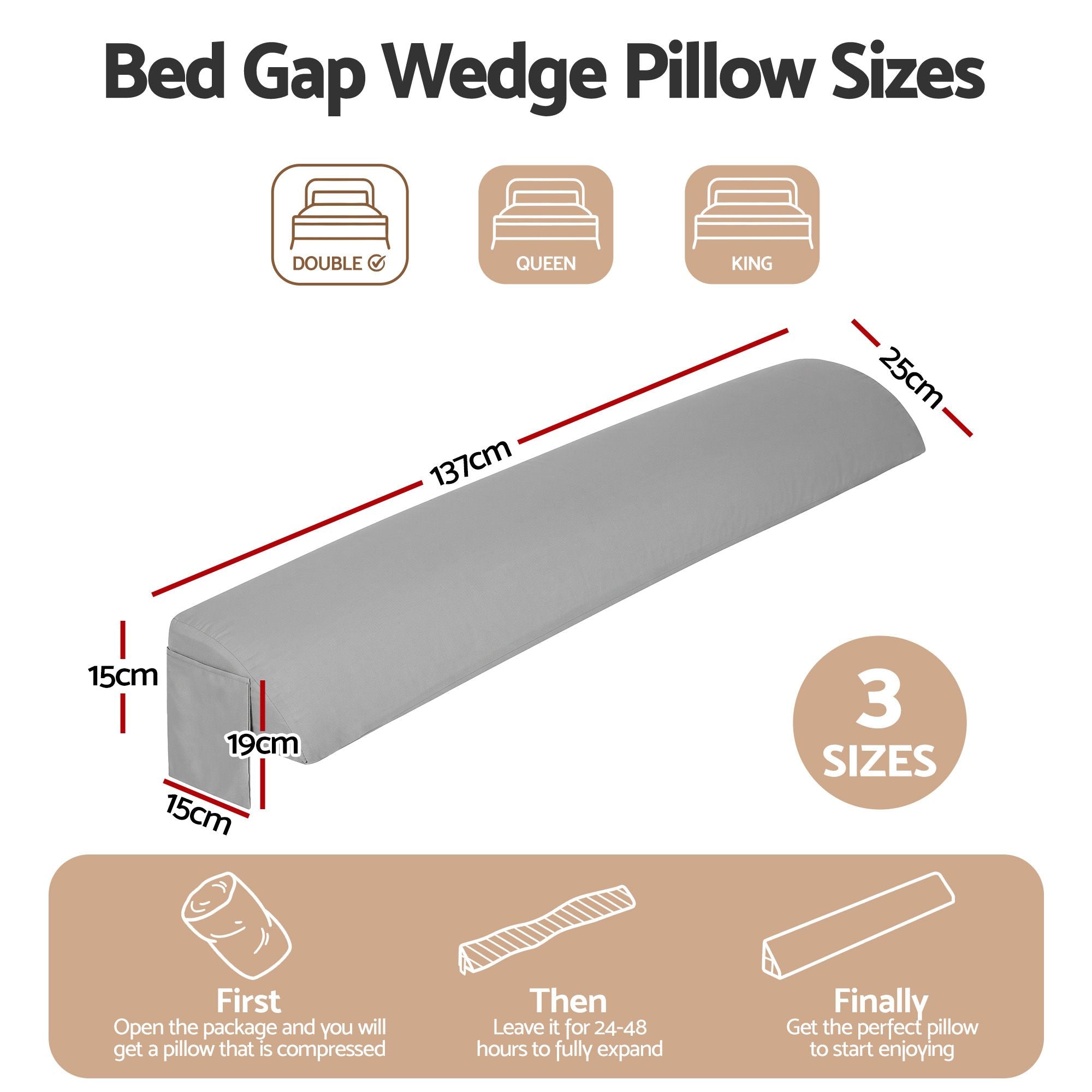 Double Bed Wedge Pillow For Headboard, Close Gap And Stop Pillows Sliding, Perfect For Dorm Or Tatami Reading, 25D Foam Mattress Gap Filler With 2 Side Pockets, Washable 110gsm Cover
