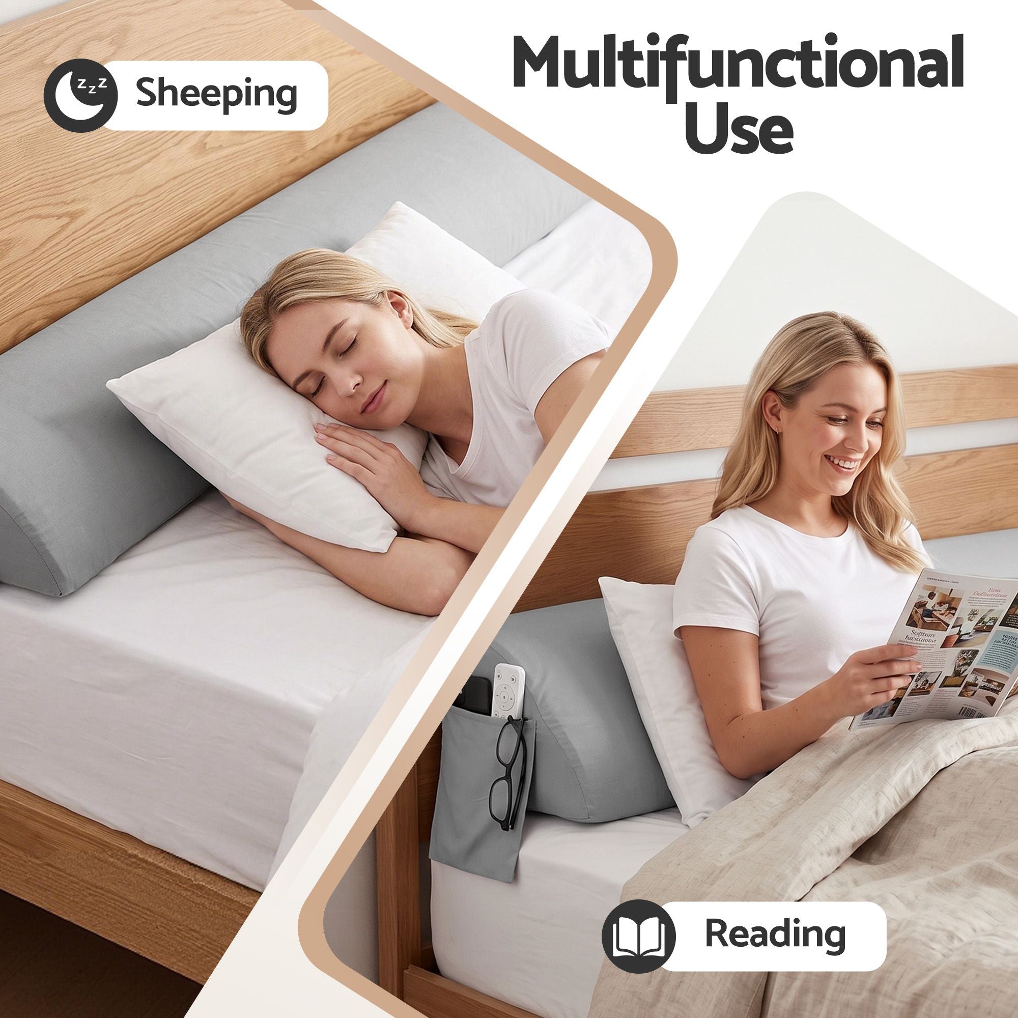 Double Bed Wedge Pillow For Headboard, Close Gap And Stop Pillows Sliding, Perfect For Dorm Or Tatami Reading, 25D Foam Mattress Gap Filler With 2 Side Pockets, Washable 110gsm Cover