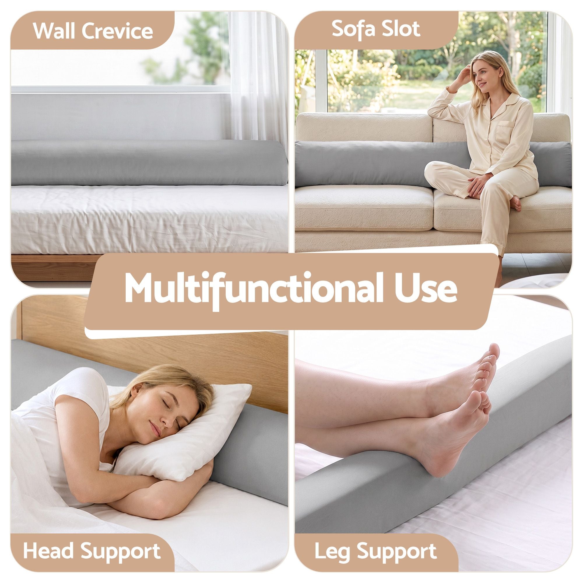 Double Bed Wedge Pillow For Headboard, Close Gap And Stop Pillows Sliding, Perfect For Dorm Or Tatami Reading, 25D Foam Mattress Gap Filler With 2 Side Pockets, Washable 110gsm Cover
