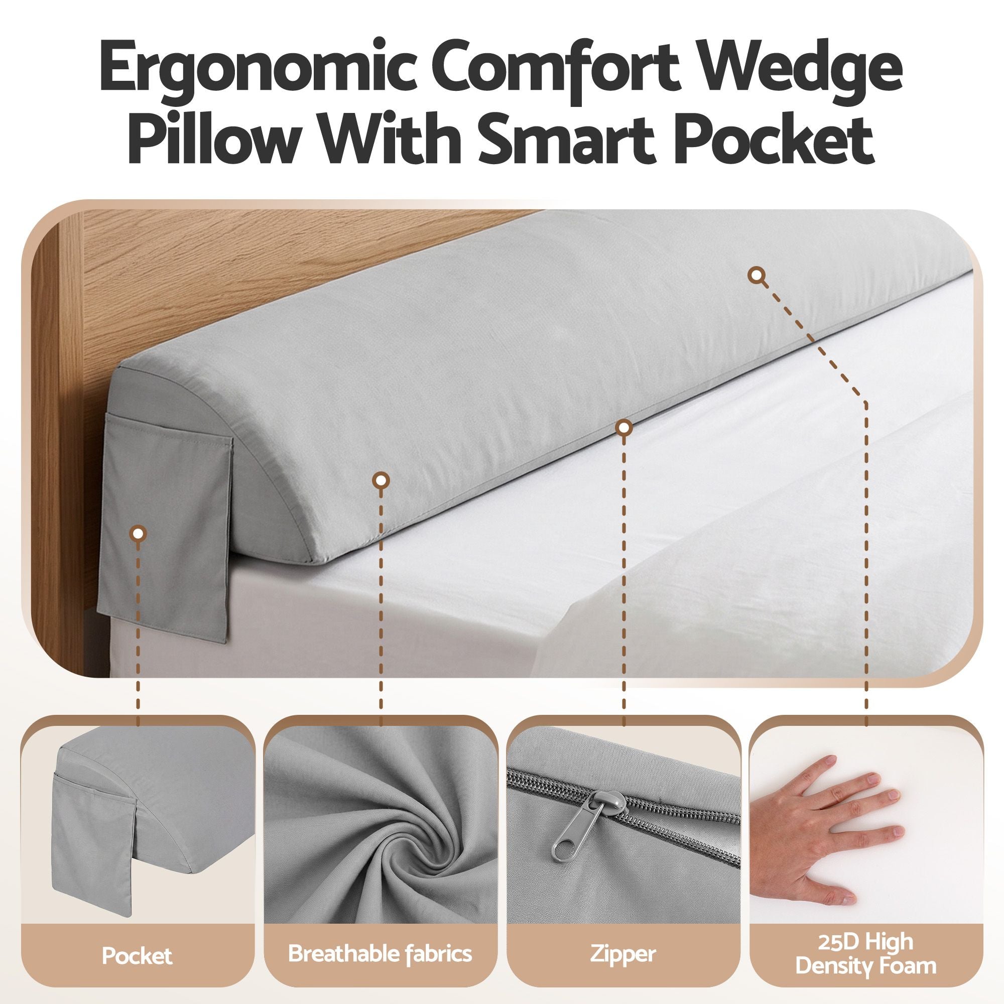 King Bed Wedge Pillow For Headboard, Close Gap And Stop Pillows Sliding, Perfect For Dorm Or Tatami Reading, 25D Foam Mattress Gap Filler With 2 Side Pockets, Washable 110gsm Cover