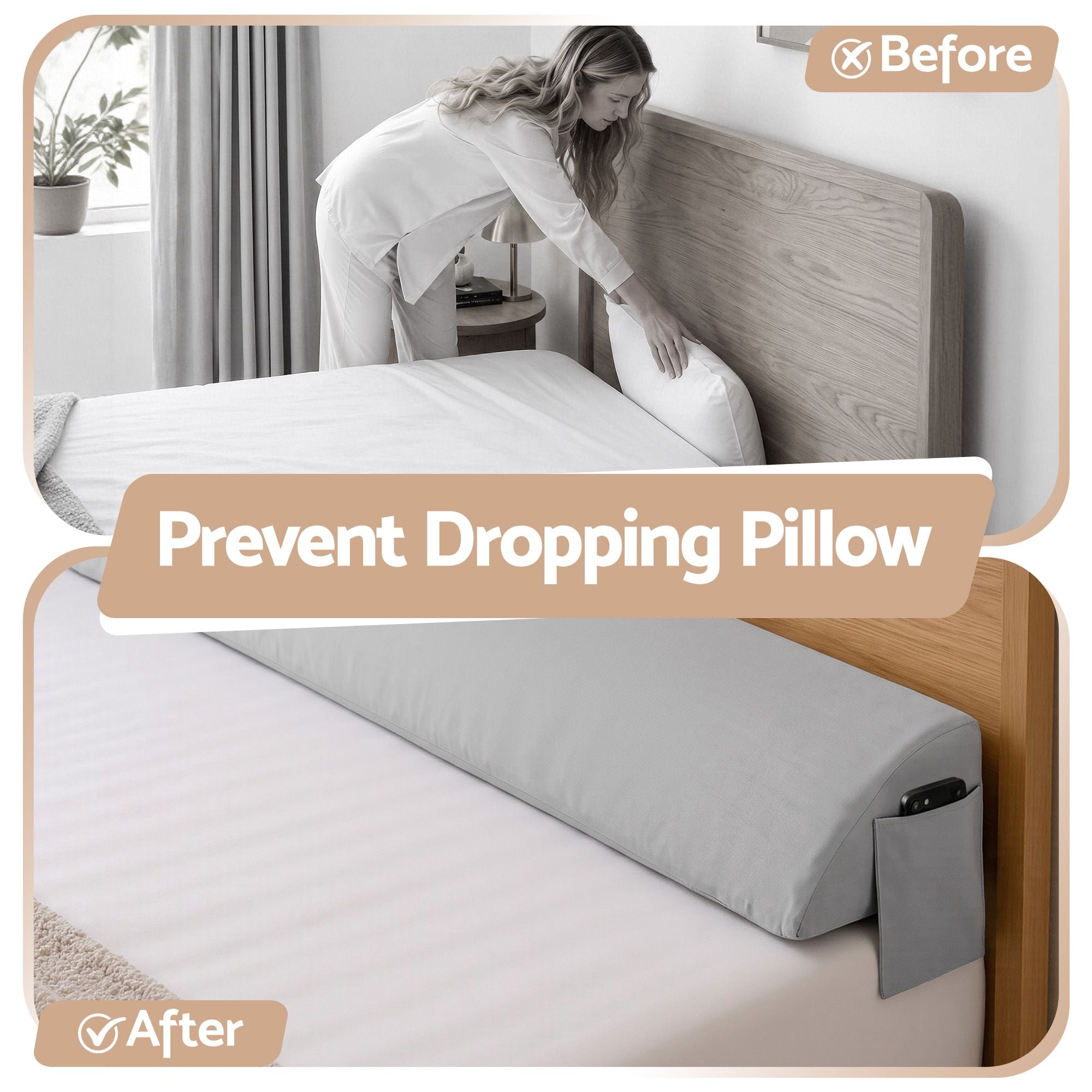 Queen Bed Wedge Pillow For Headboard, Close Gap And Stop Pillows Sliding, Perfect For Dorm Or Tatami Reading, 25D Foam Mattress Gap Filler With 2 Side Pockets, Washable 110gsm Cover