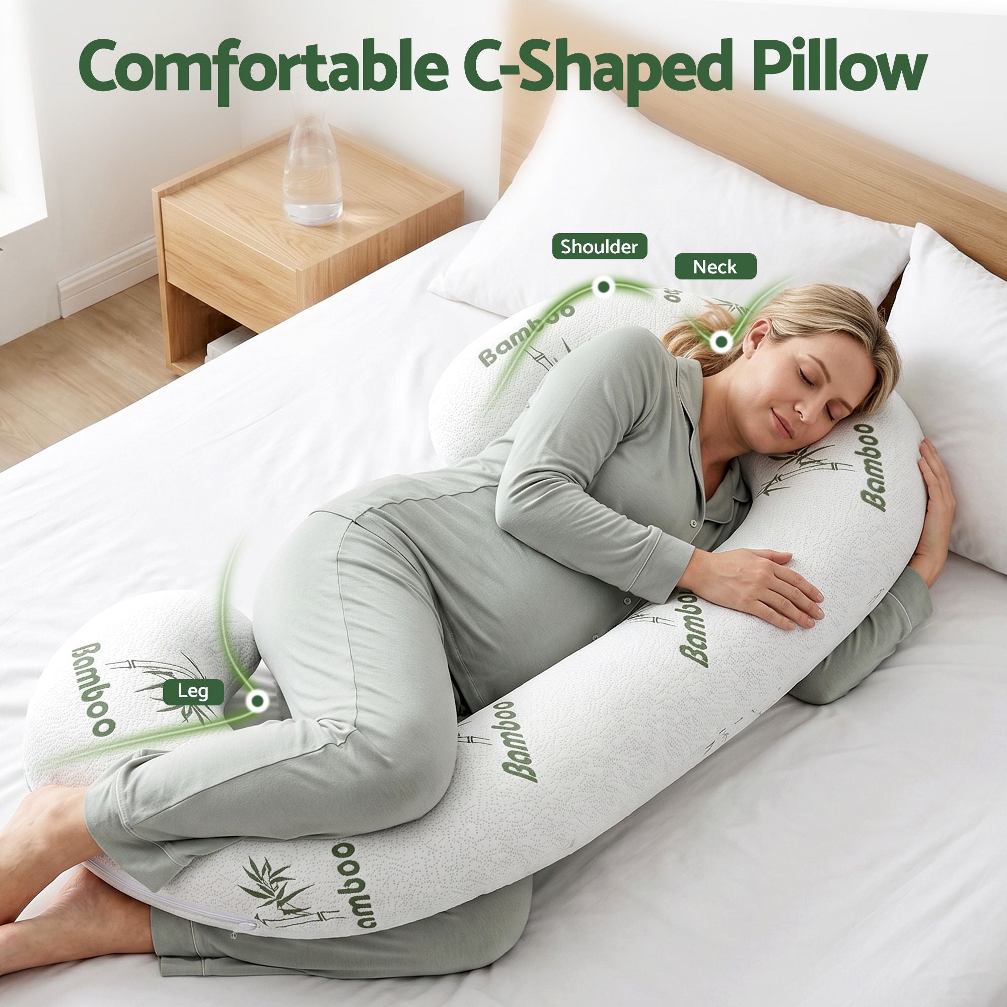 Pregnancy C-Shaped Body Pillow for Side Sleepers with Bamboo Fiber Cover 80x140cm - White