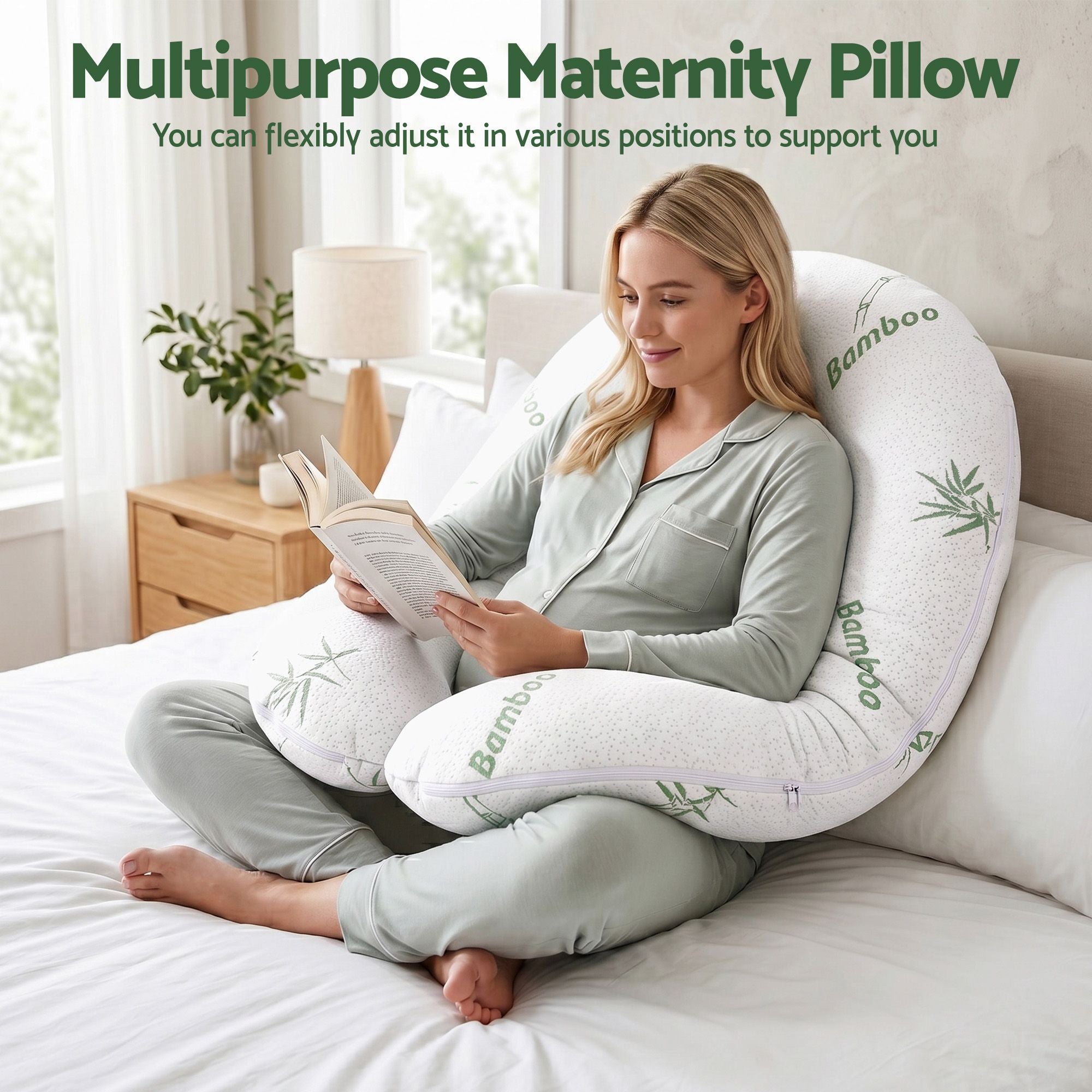 Pregnancy C-Shaped Body Pillow for Side Sleepers with Bamboo Fiber Cover 80x140cm - White