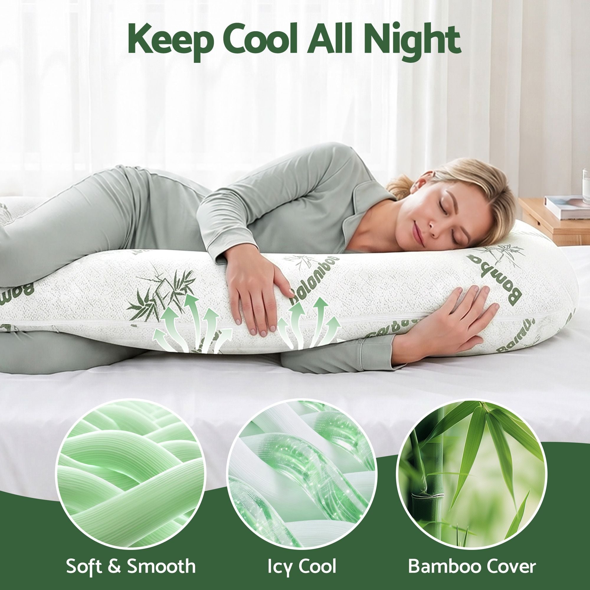 Pregnancy C-Shaped Body Pillow for Side Sleepers with Bamboo Fiber Cover 80x140cm - White