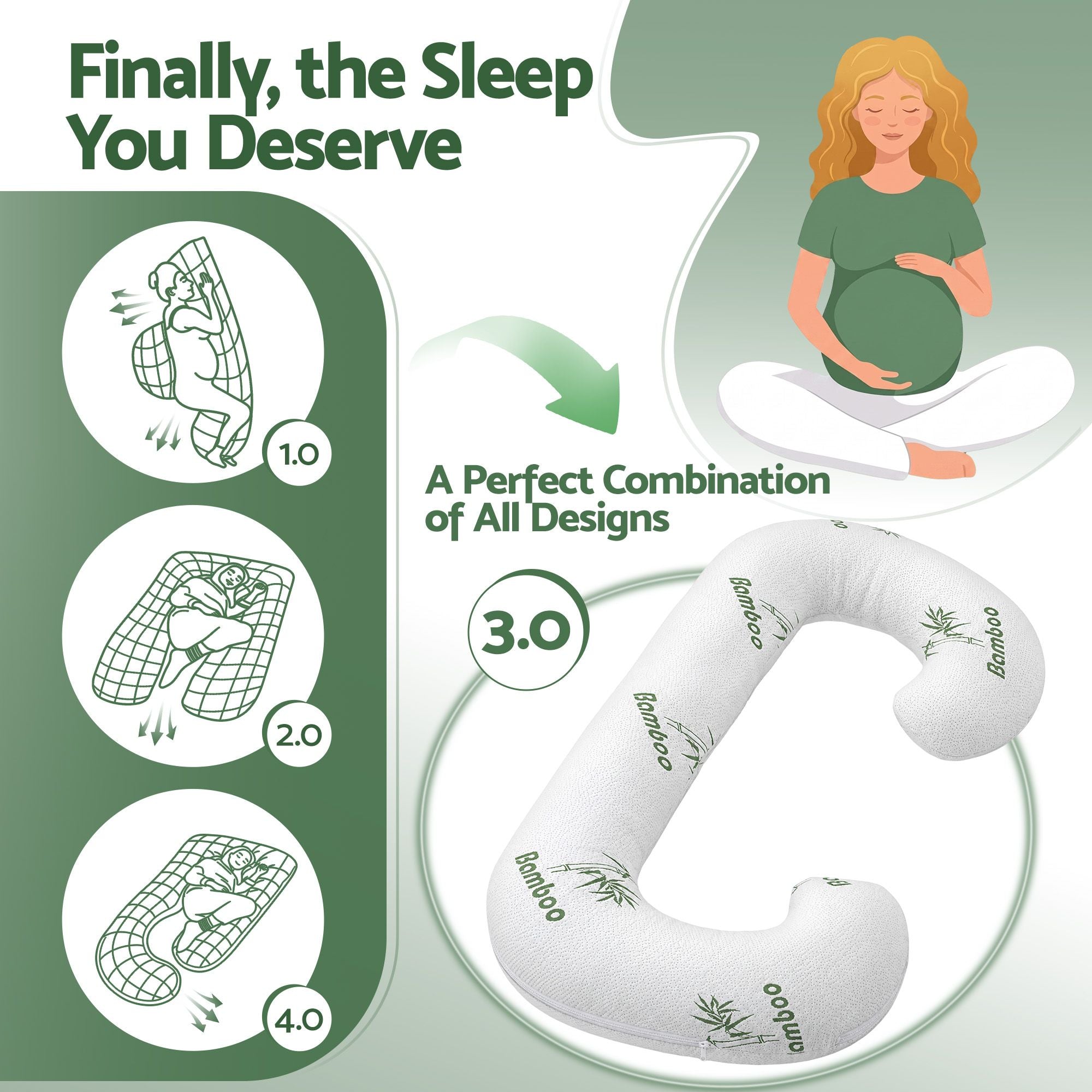 Pregnancy C-Shaped Body Pillow for Side Sleepers with Bamboo Fiber Cover 80x140cm - White