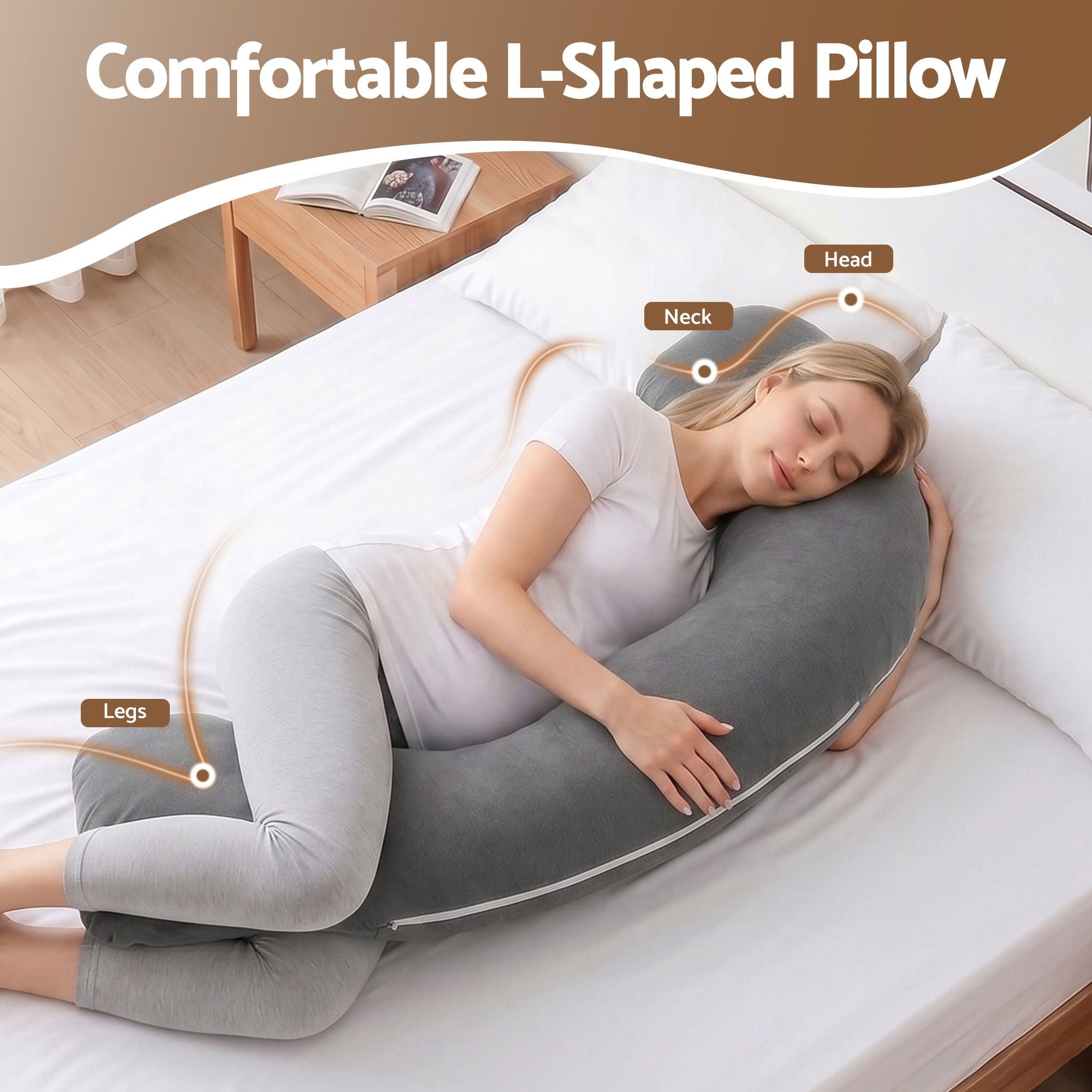 Pregnancy Pillow L-Shaped Maternity Body Pillow 63x115 cm with 100% Cotton Jersey Cover for Side Sleeping - Grey