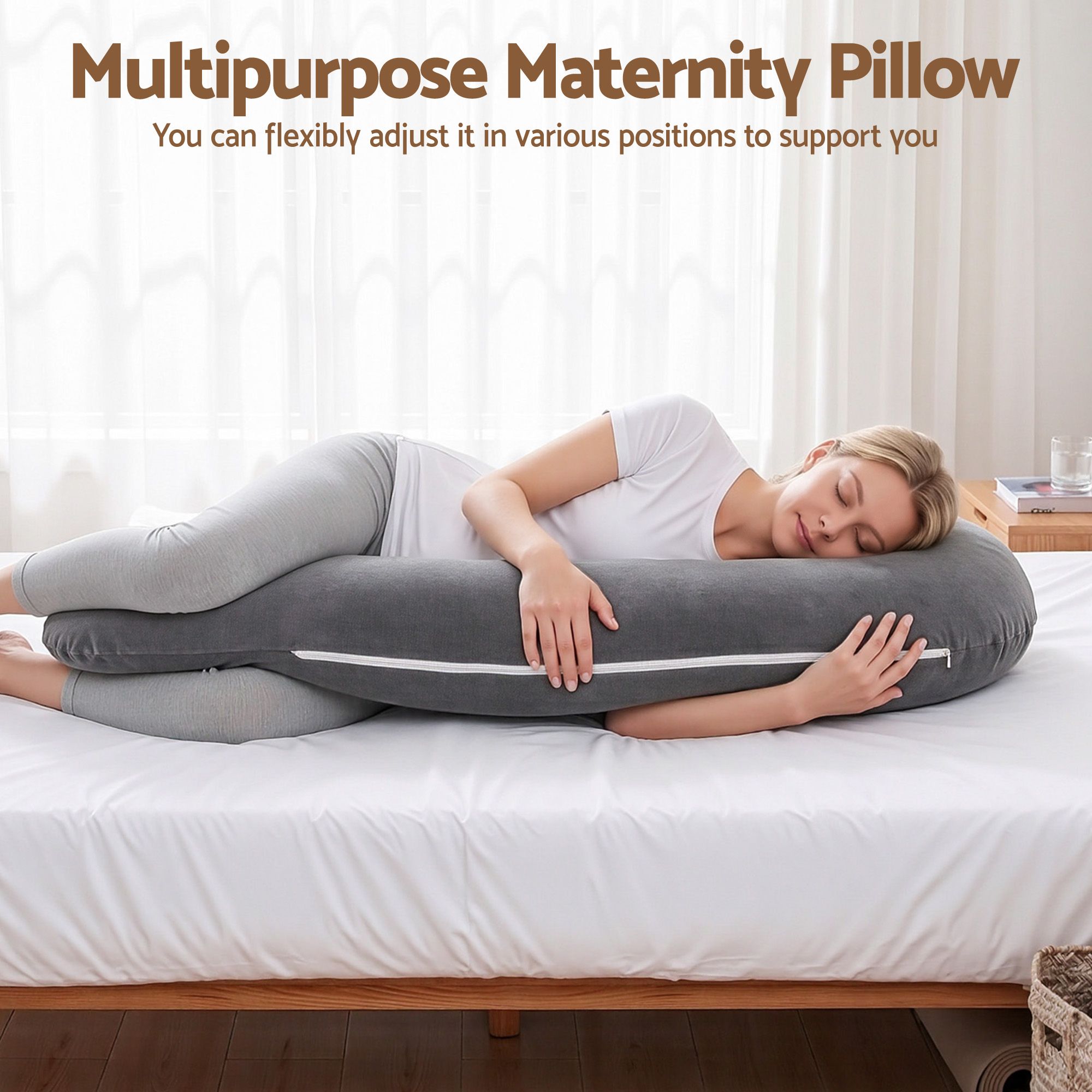 Pregnancy Pillow L-Shaped Maternity Body Pillow 63x115 cm with 100% Cotton Jersey Cover for Side Sleeping - Grey