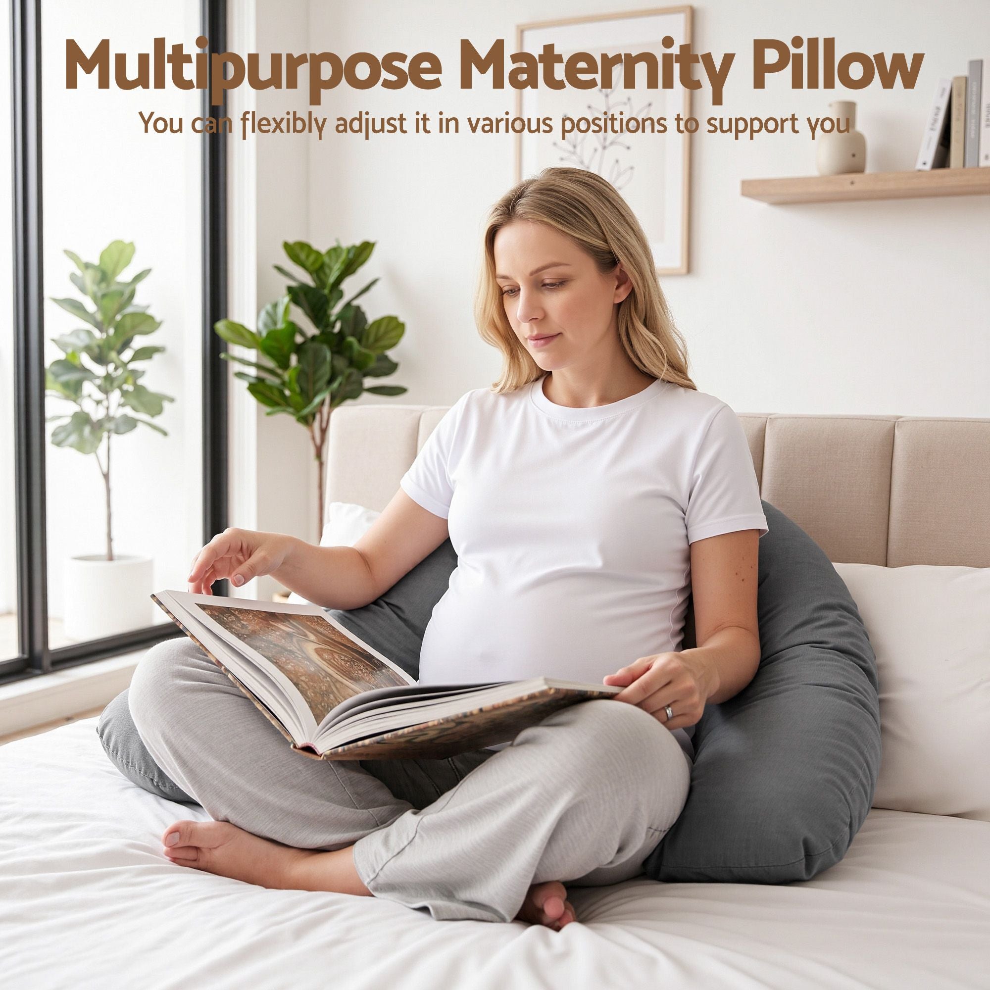 Pregnancy Pillow L-Shaped Maternity Body Pillow 63x115 cm with 100% Cotton Jersey Cover for Side Sleeping - Grey
