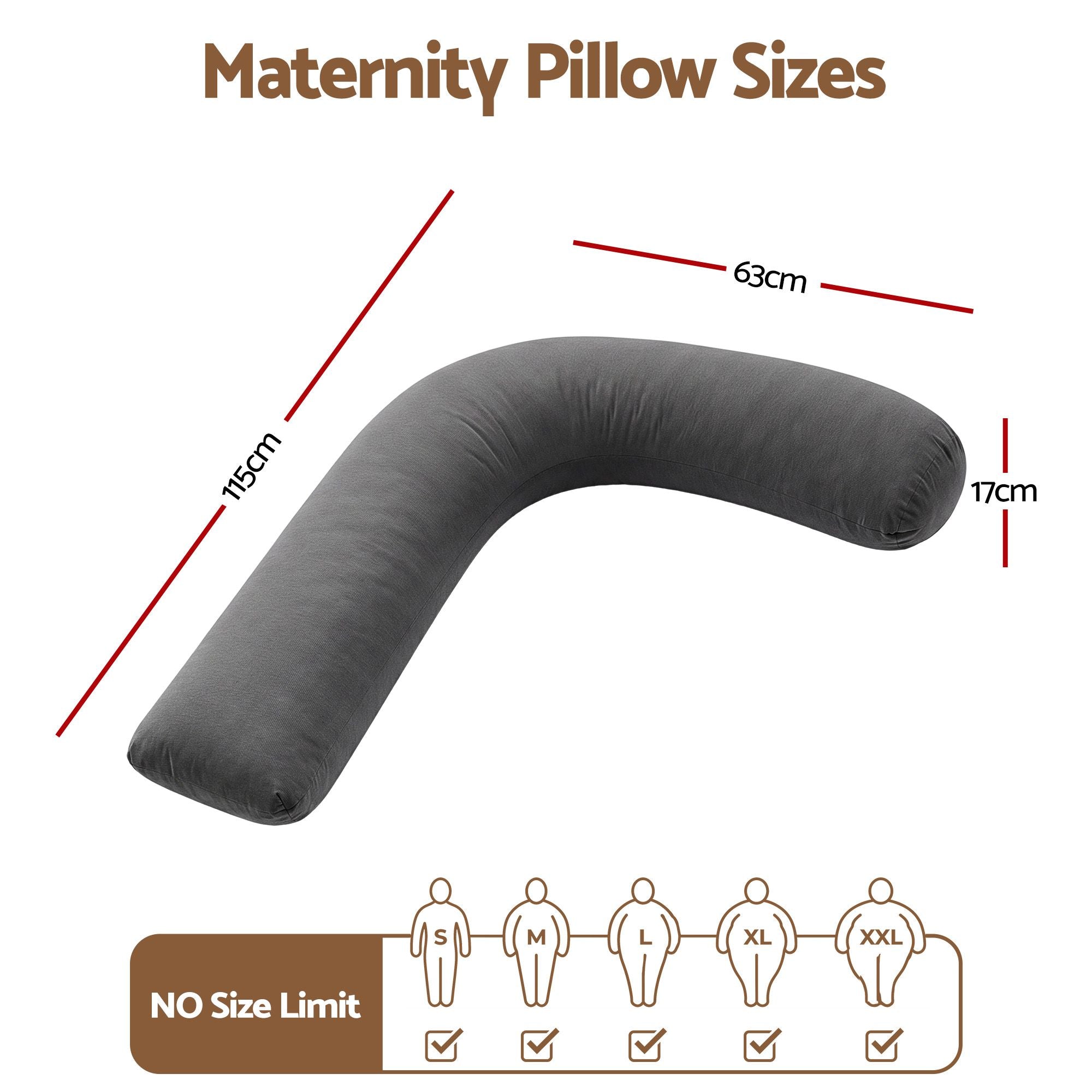 Pregnancy Pillow L-Shaped Maternity Body Pillow 63x115 cm with 100% Cotton Jersey Cover for Side Sleeping - Grey