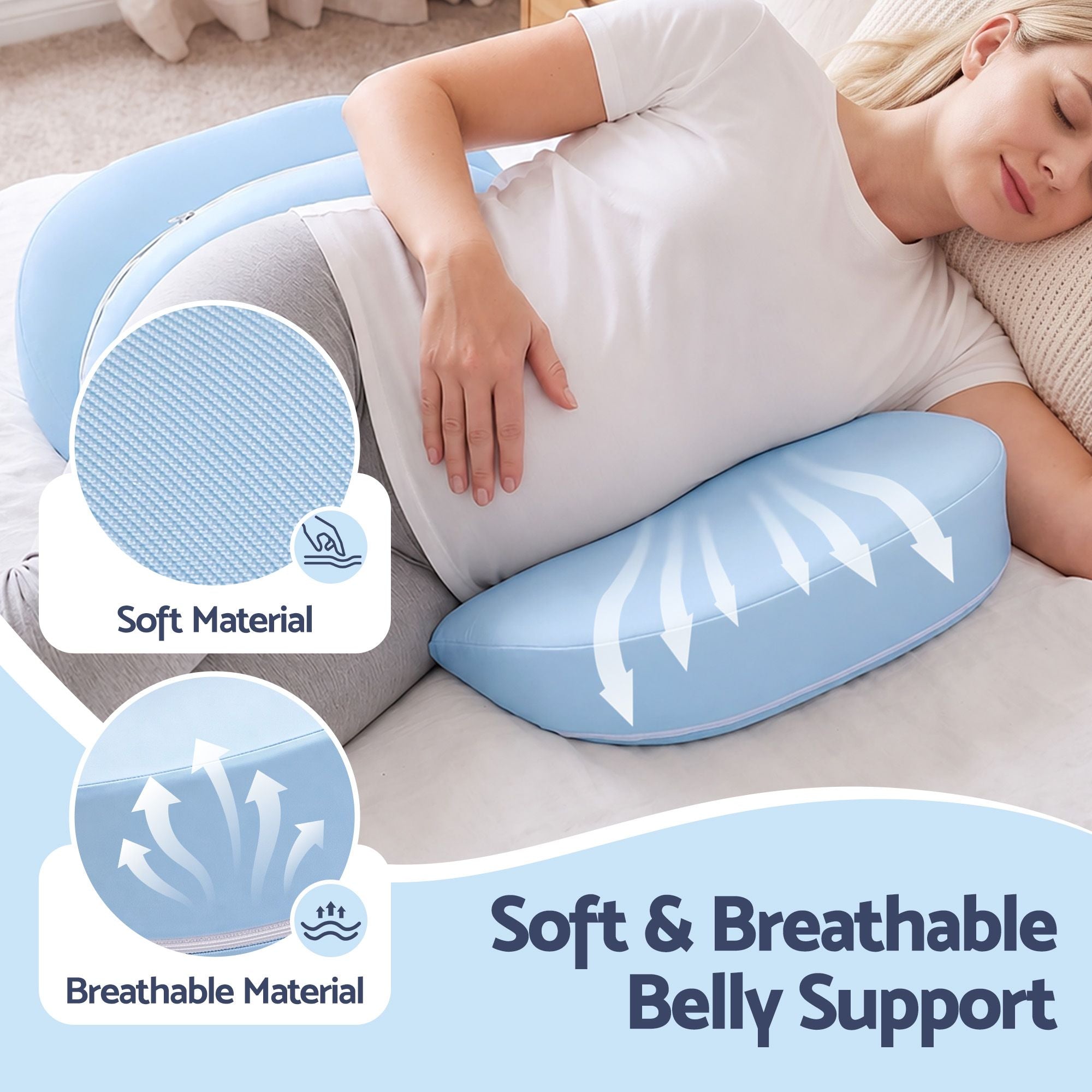 Bedding Memory Foam Pregnancy Pillow Adjustable with Concave Curve Design, Support for Back, Belly, and Hips, Blue