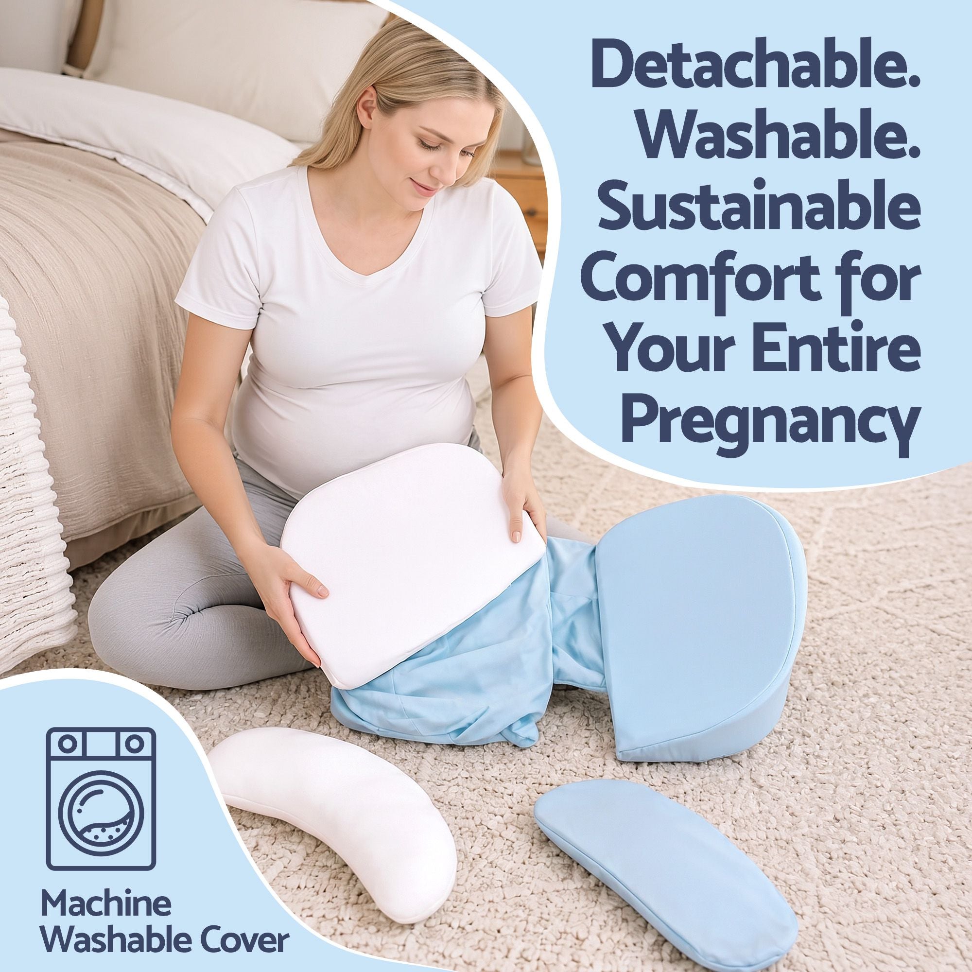 Bedding Memory Foam Pregnancy Pillow Adjustable with Concave Curve Design, Support for Back, Belly, and Hips, Blue