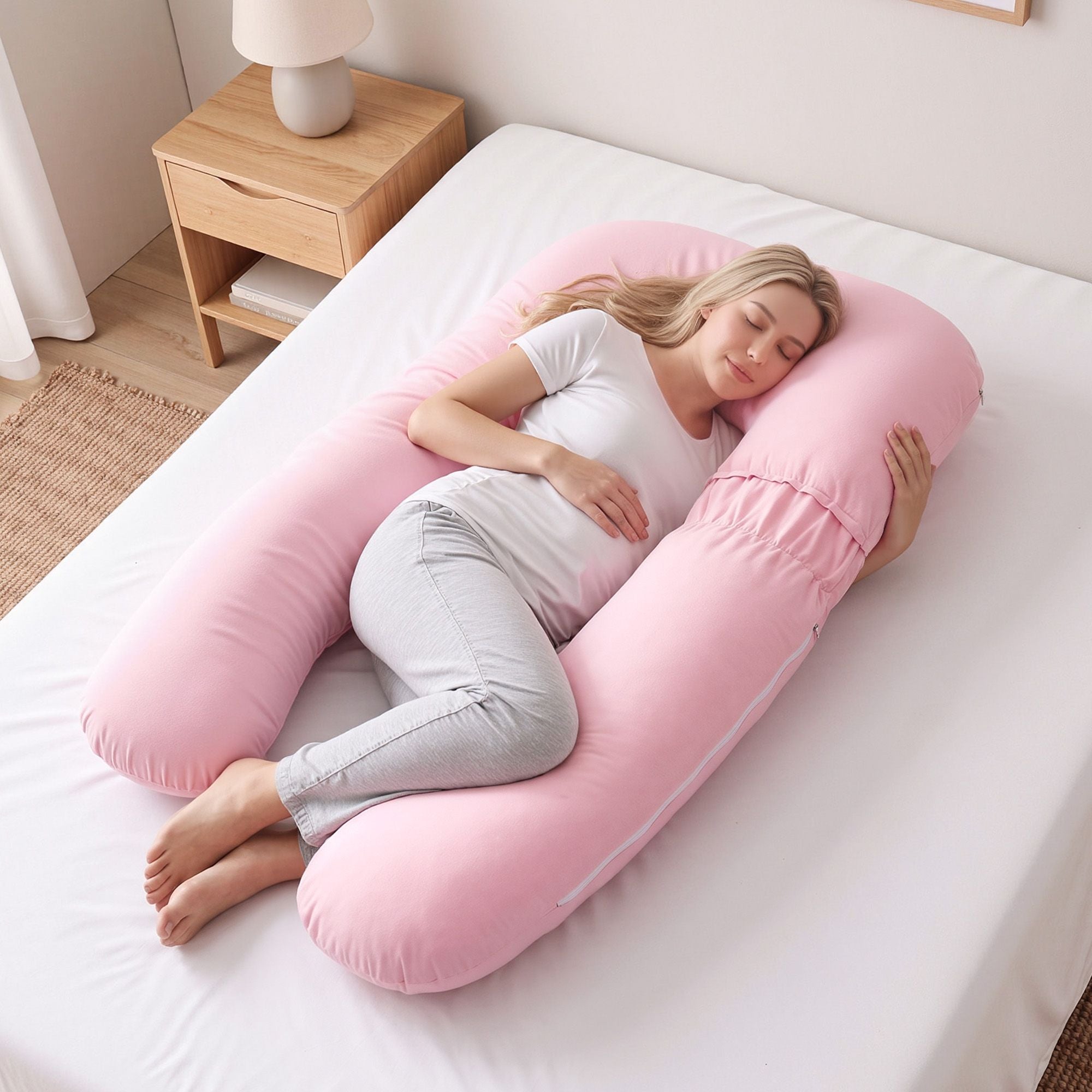 U Shaped Pregnancy Full Body Pillow 73x133cm with 100% Cotton Jersey Cover - Pink