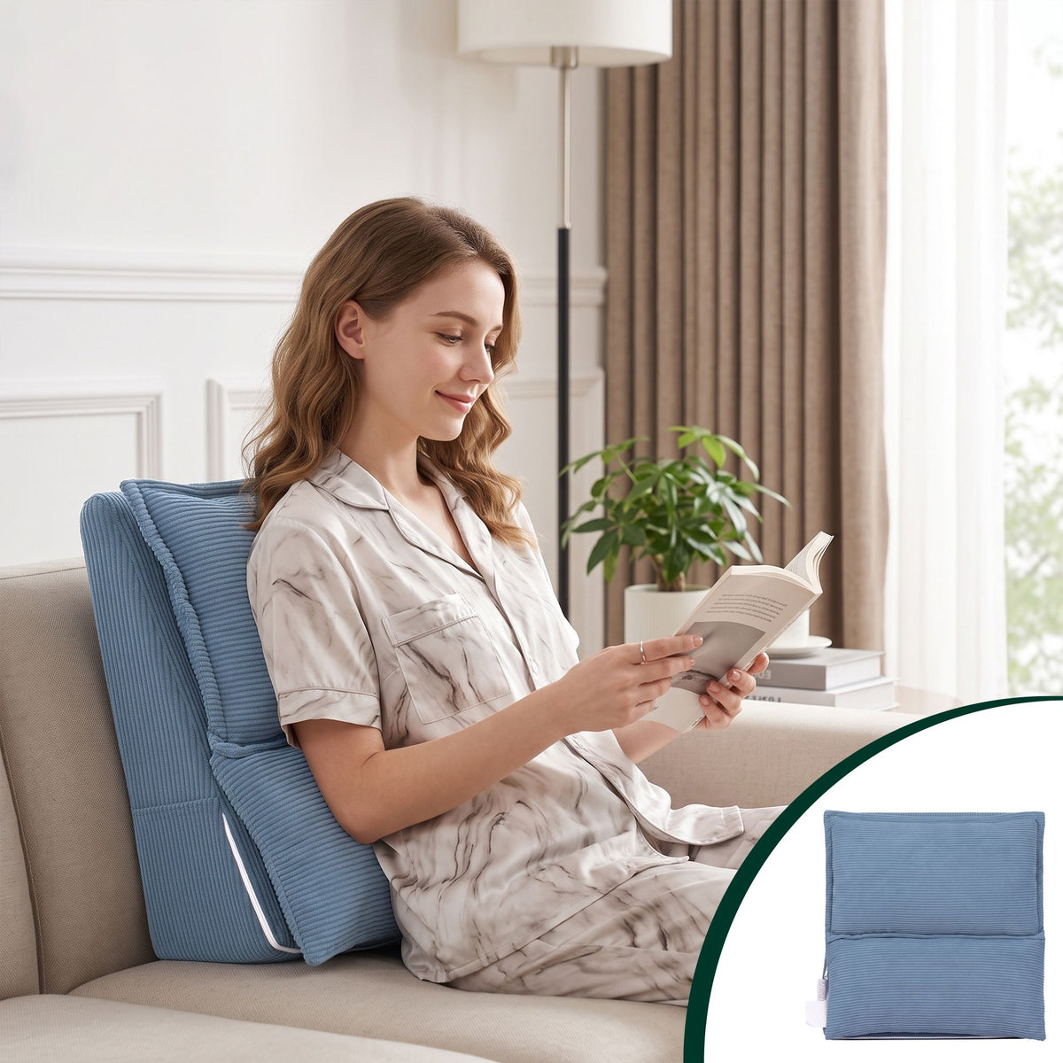 Reading Pillow with No-Sag 25D Foam Base, Modular Backrest & Dual Pockets, 52x51x26cm Corduroy Cover