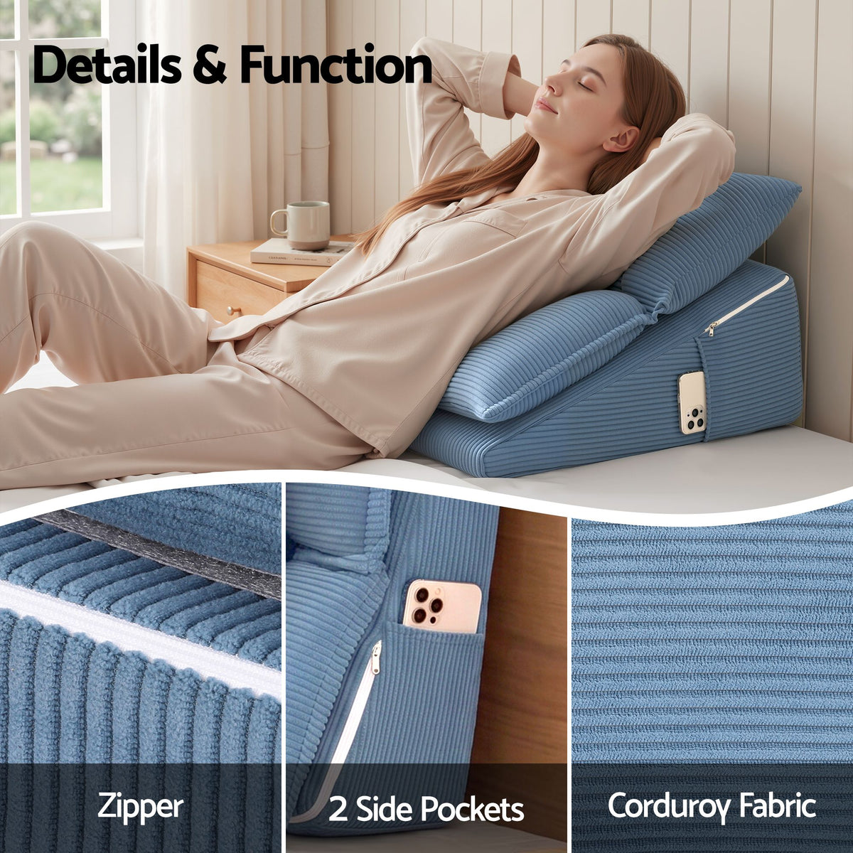 Reading Pillow with No-Sag 25D Foam Base, Modular Backrest & Dual Pockets, 52x51x26cm Corduroy Cover
