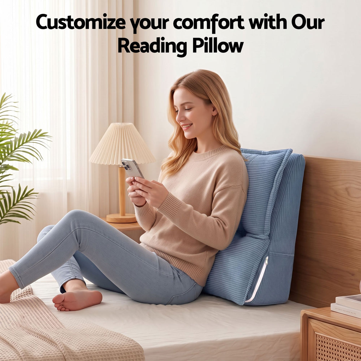 Reading Pillow with No-Sag 25D Foam Base, Modular Backrest & Dual Pockets, 52x51x26cm Corduroy Cover