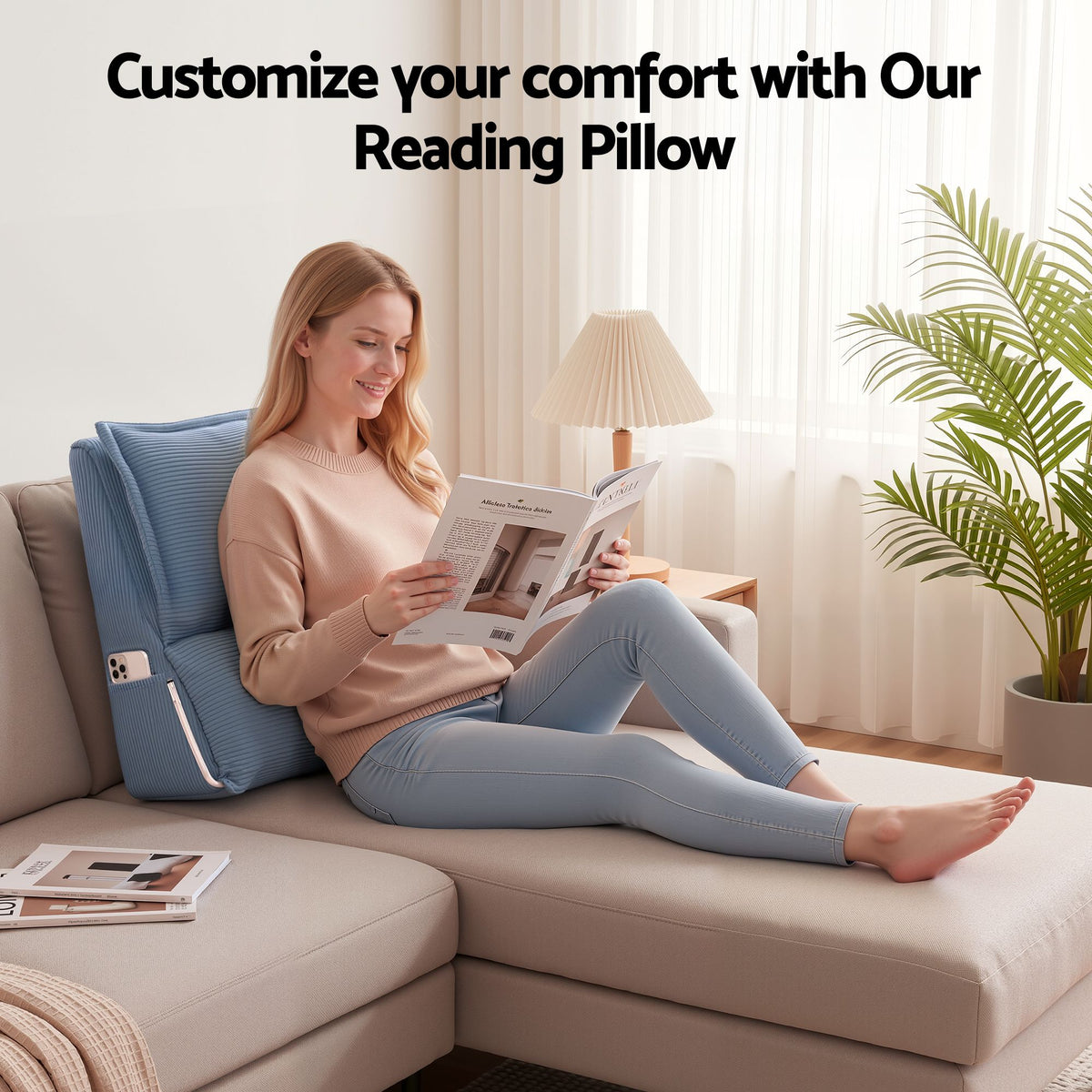 Reading Pillow with No-Sag 25D Foam Base, Modular Backrest & Dual Pockets, 52x51x26cm Corduroy Cover