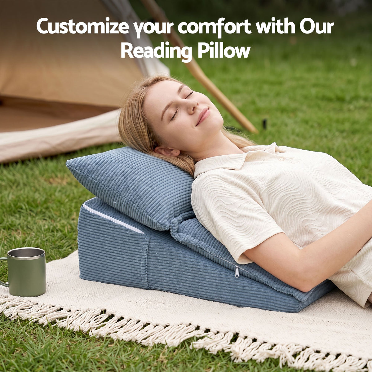 Reading Pillow with No-Sag 25D Foam Base, Modular Backrest & Dual Pockets, 52x51x26cm Corduroy Cover