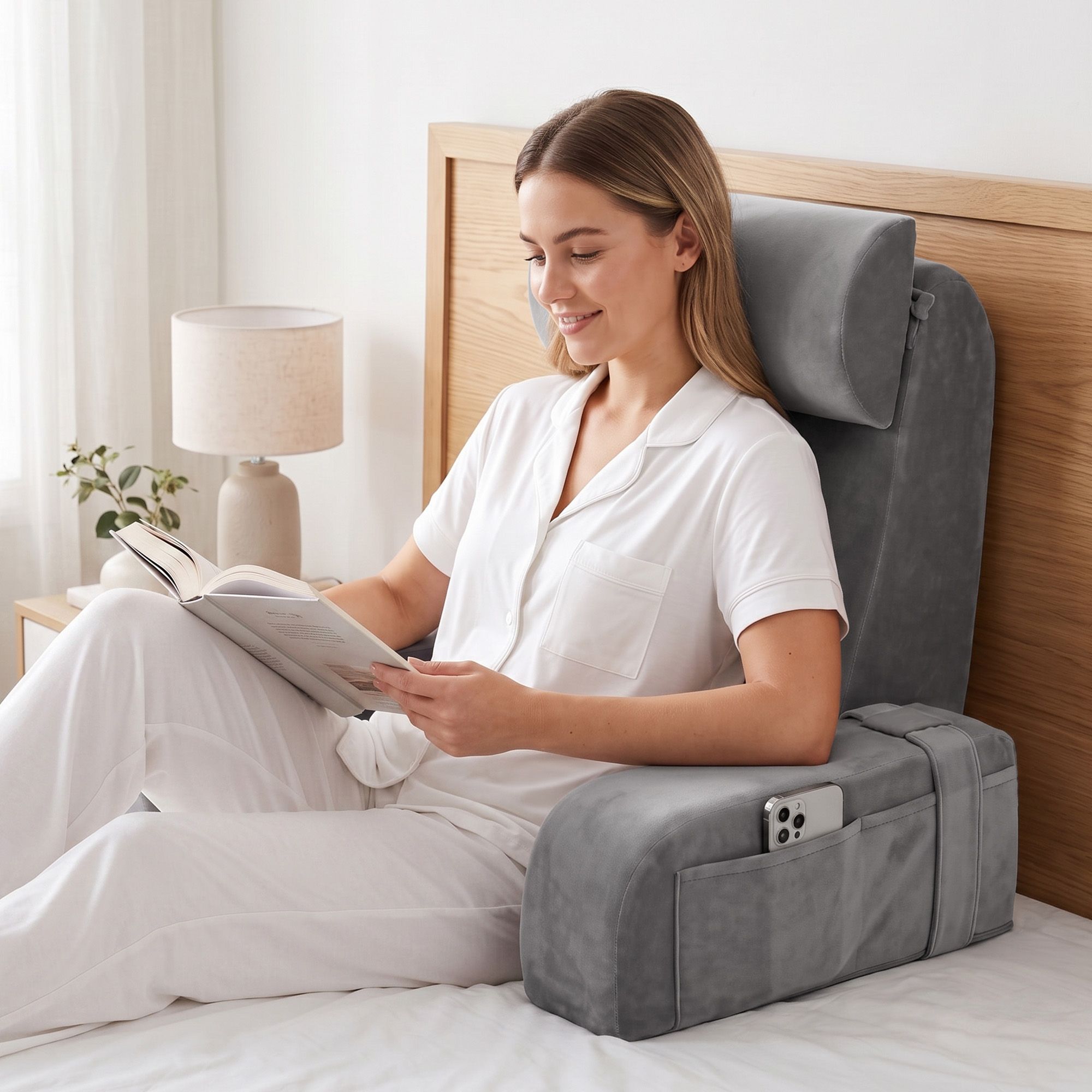 Reading Pillow For Bed With Non-Sag Solid Memory Foam, Back Pillow For Bed Sitting Up Gaming, Adjustable Neck Roll Detachable Arms And 210gsm Velvet Washable Cover